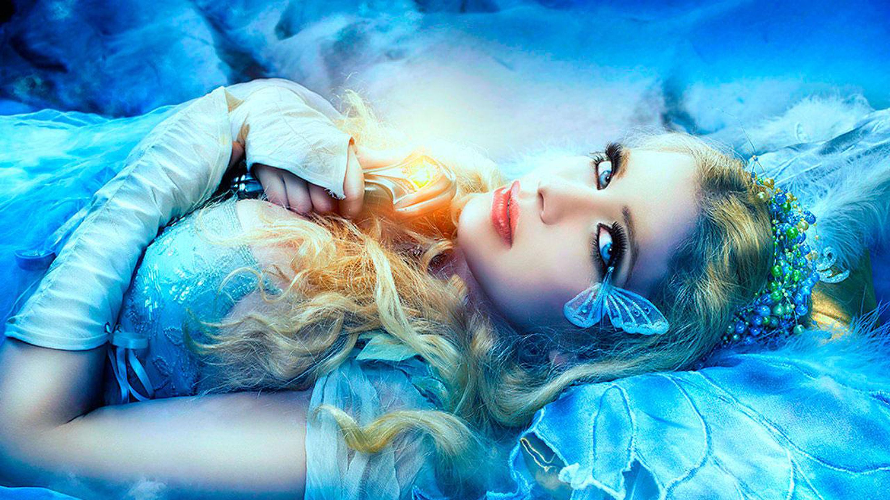 Beautiful Blue Girl With Blue Eyes And Red Lips Fantasy Art