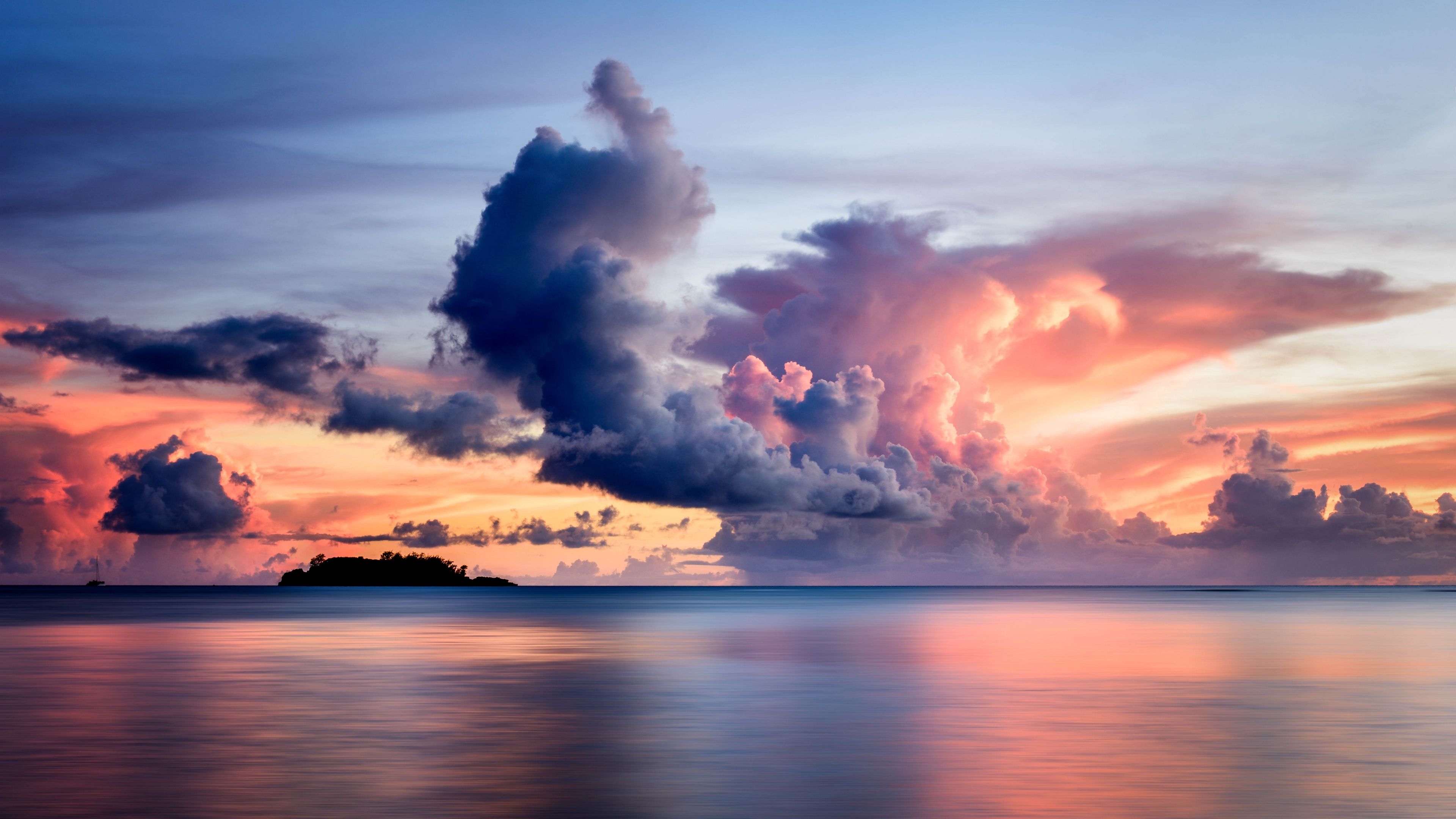 Wallpaper 4k sea, clouds, horizon, island, sky, sunset 4k Clouds
