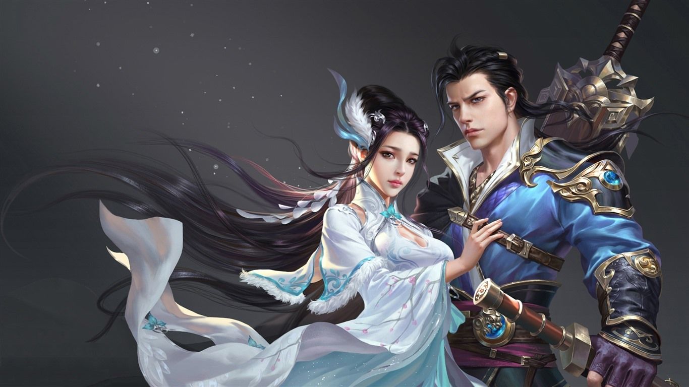 Wallpaper Fantasy Chinese girl and boy, art picture 1920x1080 Full