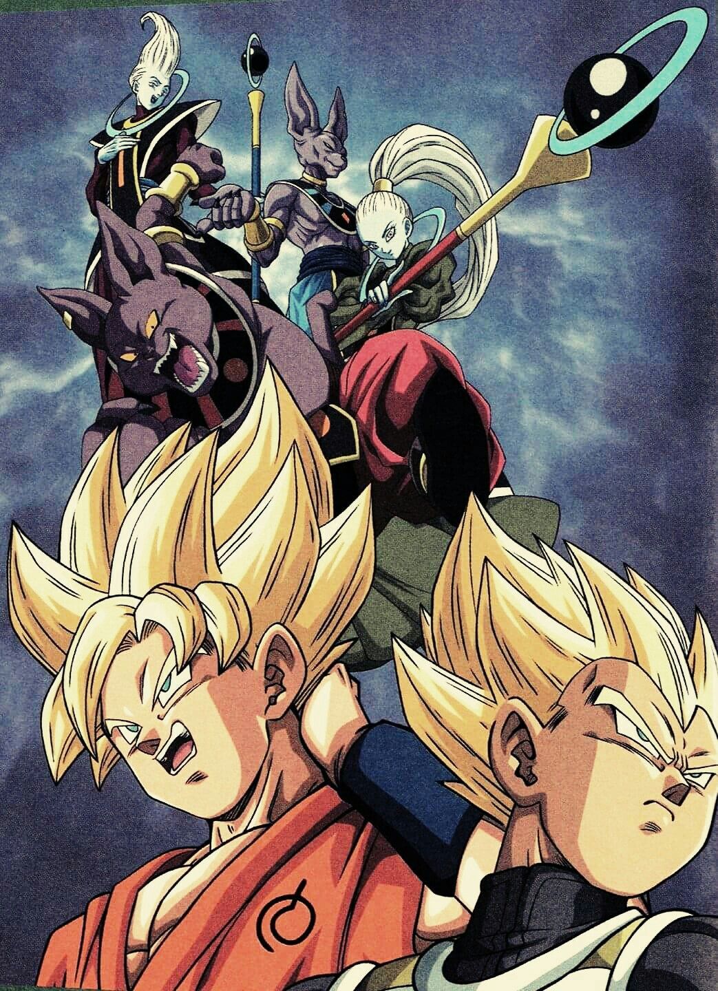 Goku and Vegeta with Whis, Vados, Lord Beerus, and Lord Champa