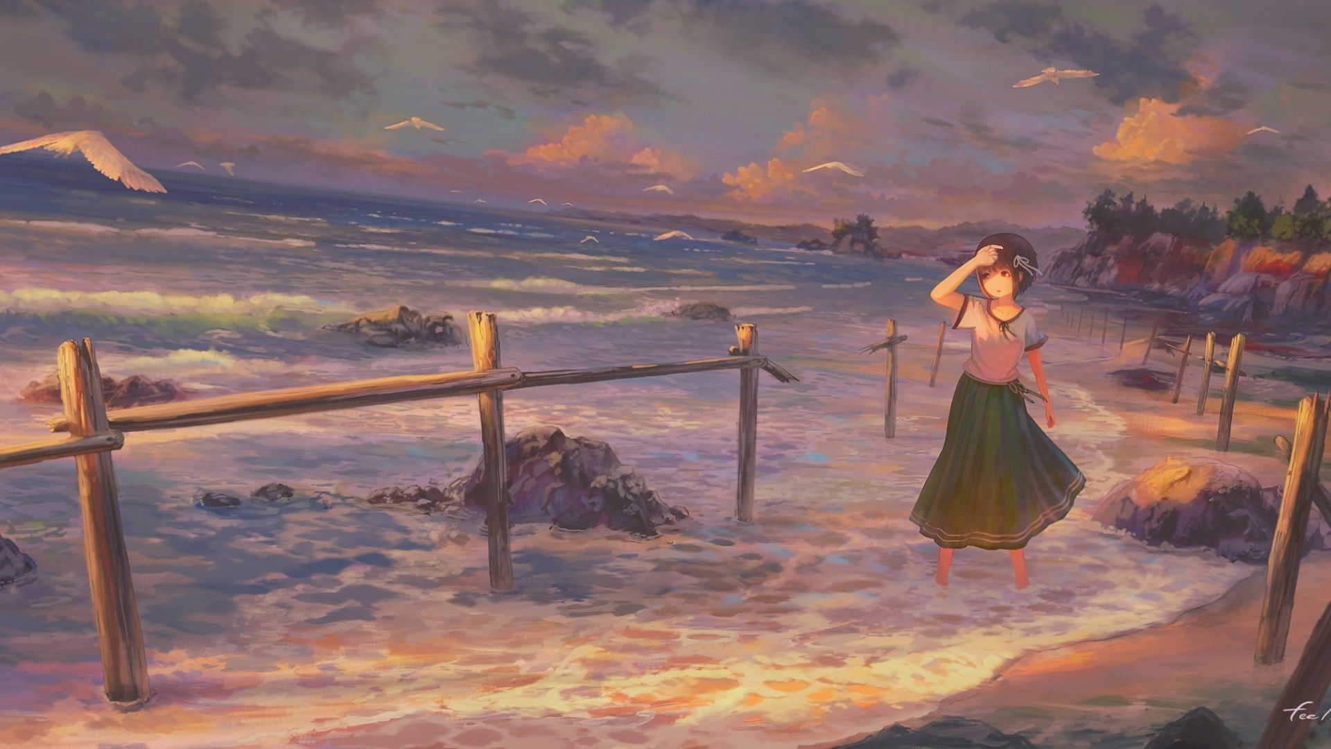 Download 1920x1080 Anime Girl, Beach, Ocean, Waves, Birds, Clouds, Scenic, Landscape Wallpaper for Widescreen