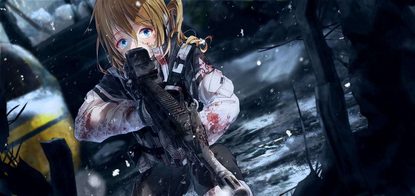 Wallpaper Anime Girl, Military, Scared Expression, Battlefield
