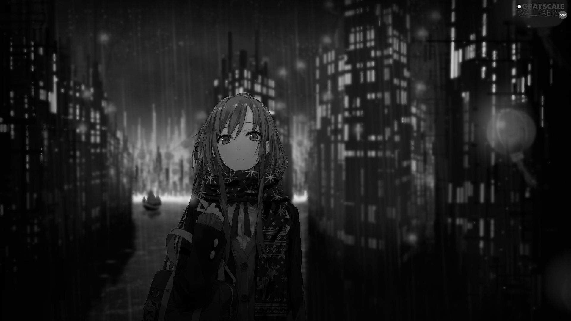Grayscale Rain, Night, sad, girl, Manga Anime