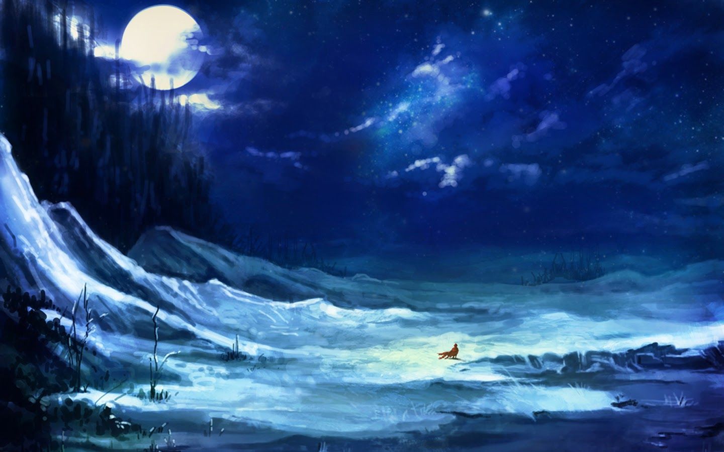Free download landscape snow night full moon scenery girl