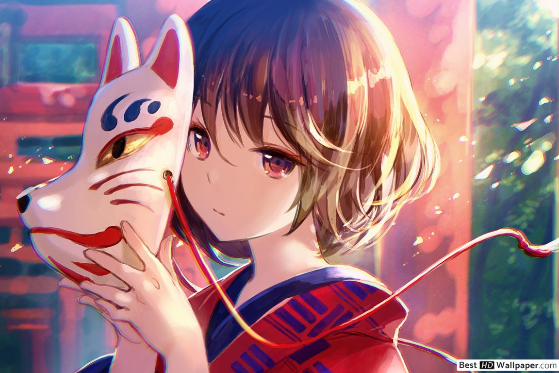 Anime Girl Fox Mask HD wallpaper download