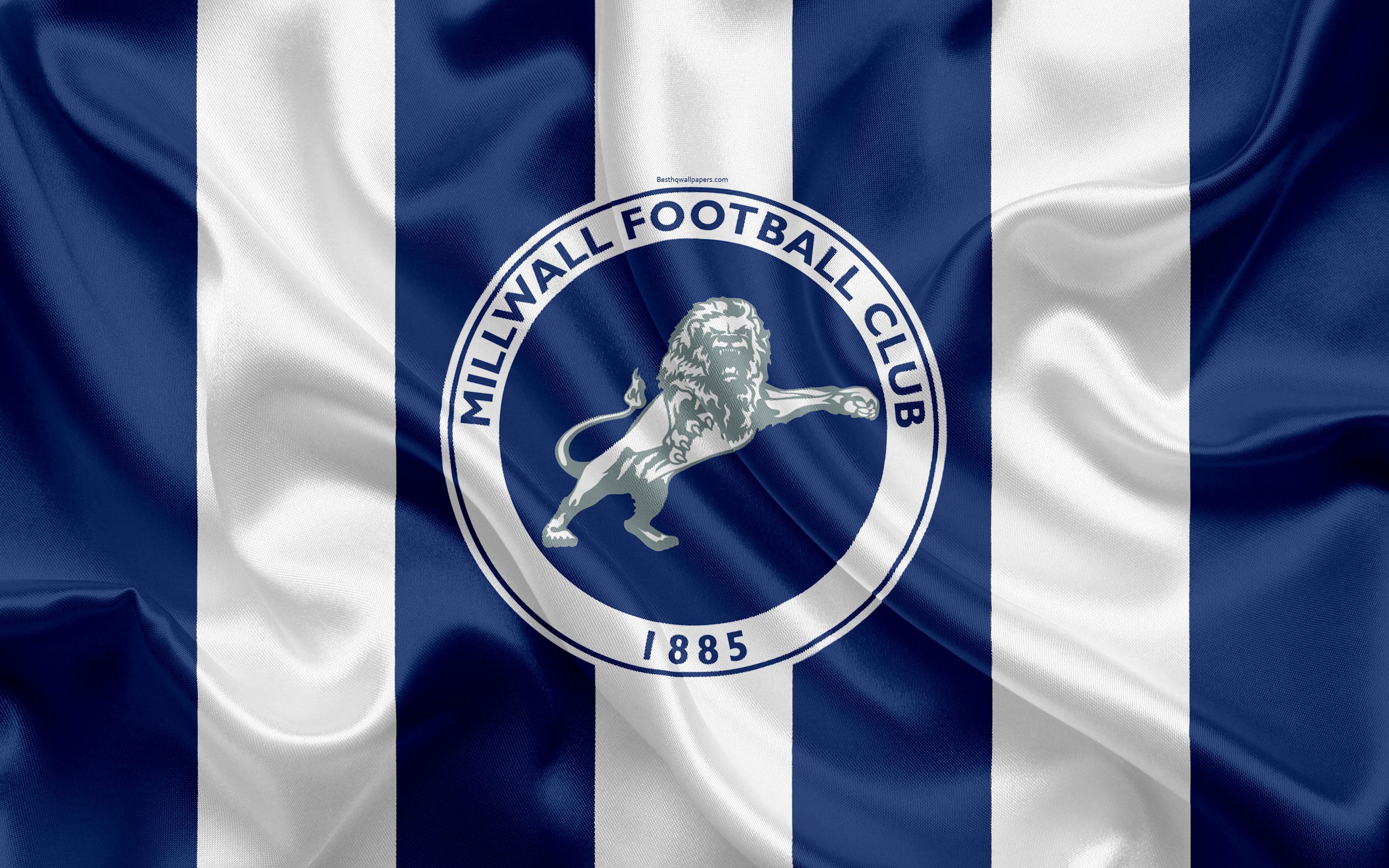 Download wallpaper Millwall FC, logo, silk flag, emblem, 4k