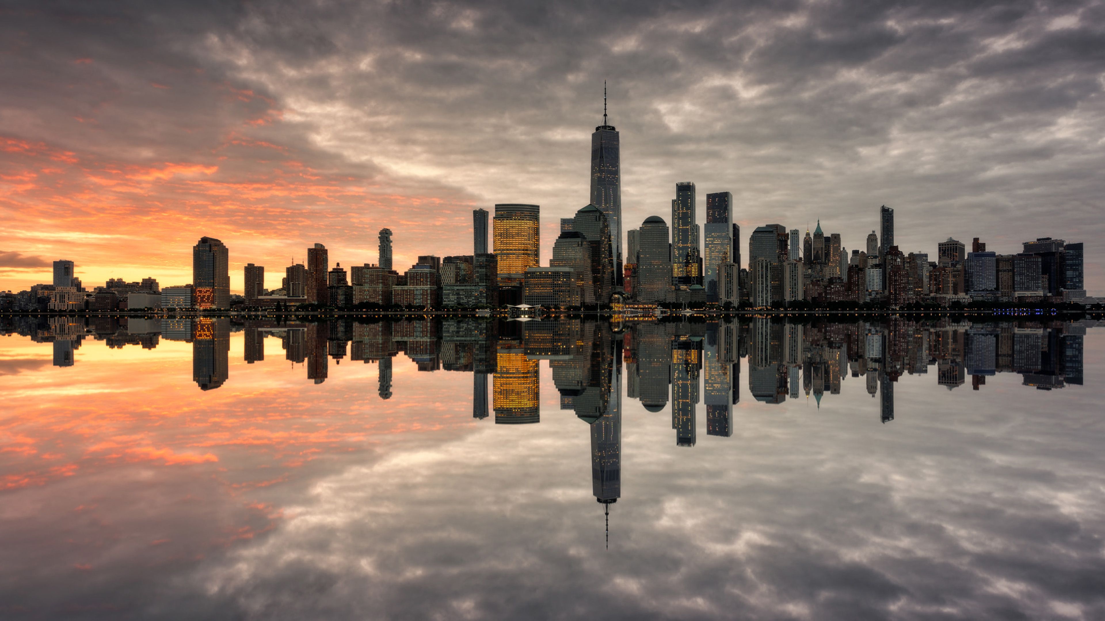 Manhattan Skyline The Most Populated New York City Sunnset Reflection In The Water Miror Ultra HD Wallpaper For Desktop Mobile Phones And Laptops 3840x2160, Wallpaper13.com