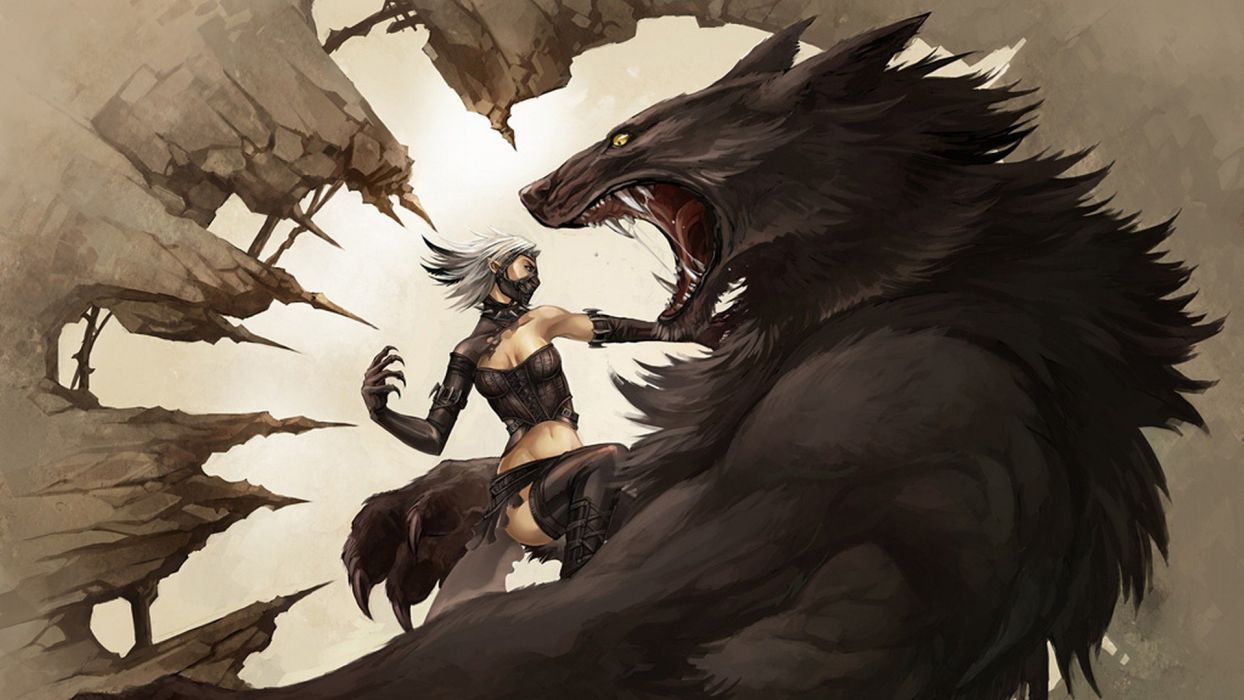 Women fighting fantasy art vampires creatures artwork wolves werewolves wallpaperx1080