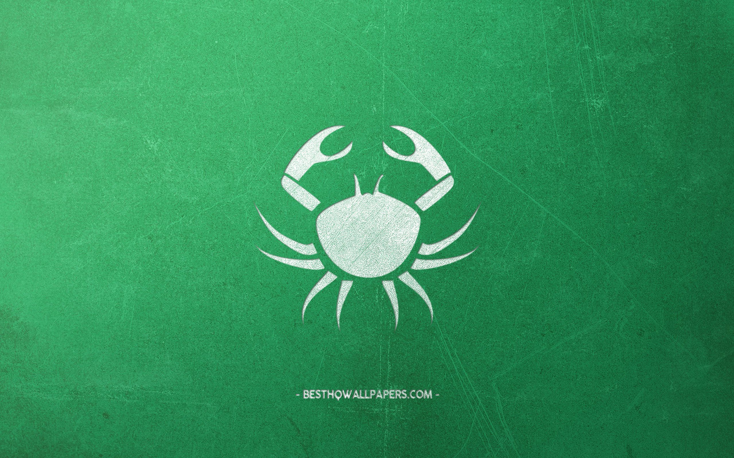 Download wallpaper Cancer zodiac sign, green retro background, Cancer Horoscope sign, retro style, creative art, zodiac signs, Cancer for desktop with resolution 2560x1600. High Quality HD picture wallpaper