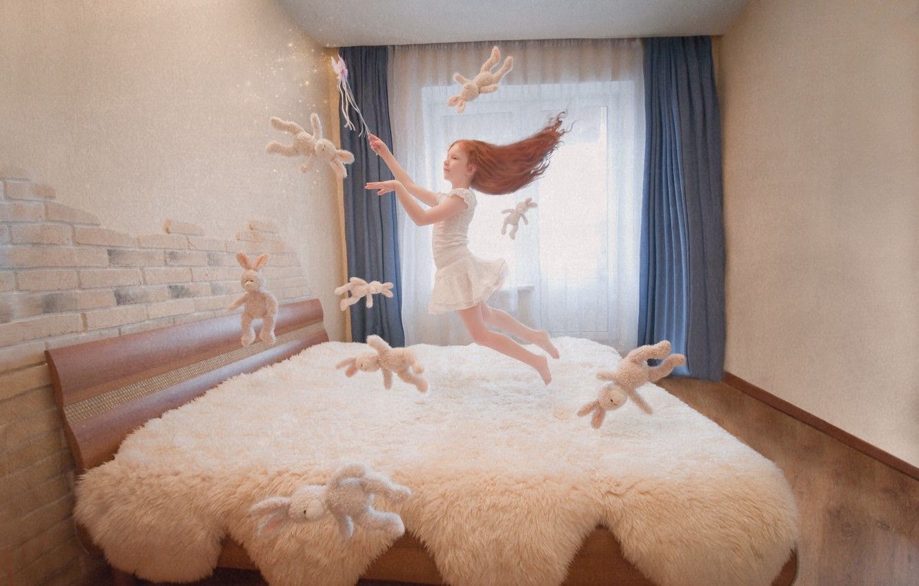 Wallpaper flight, magic, toys, girl, bed, magic wand image for desktop, section разное