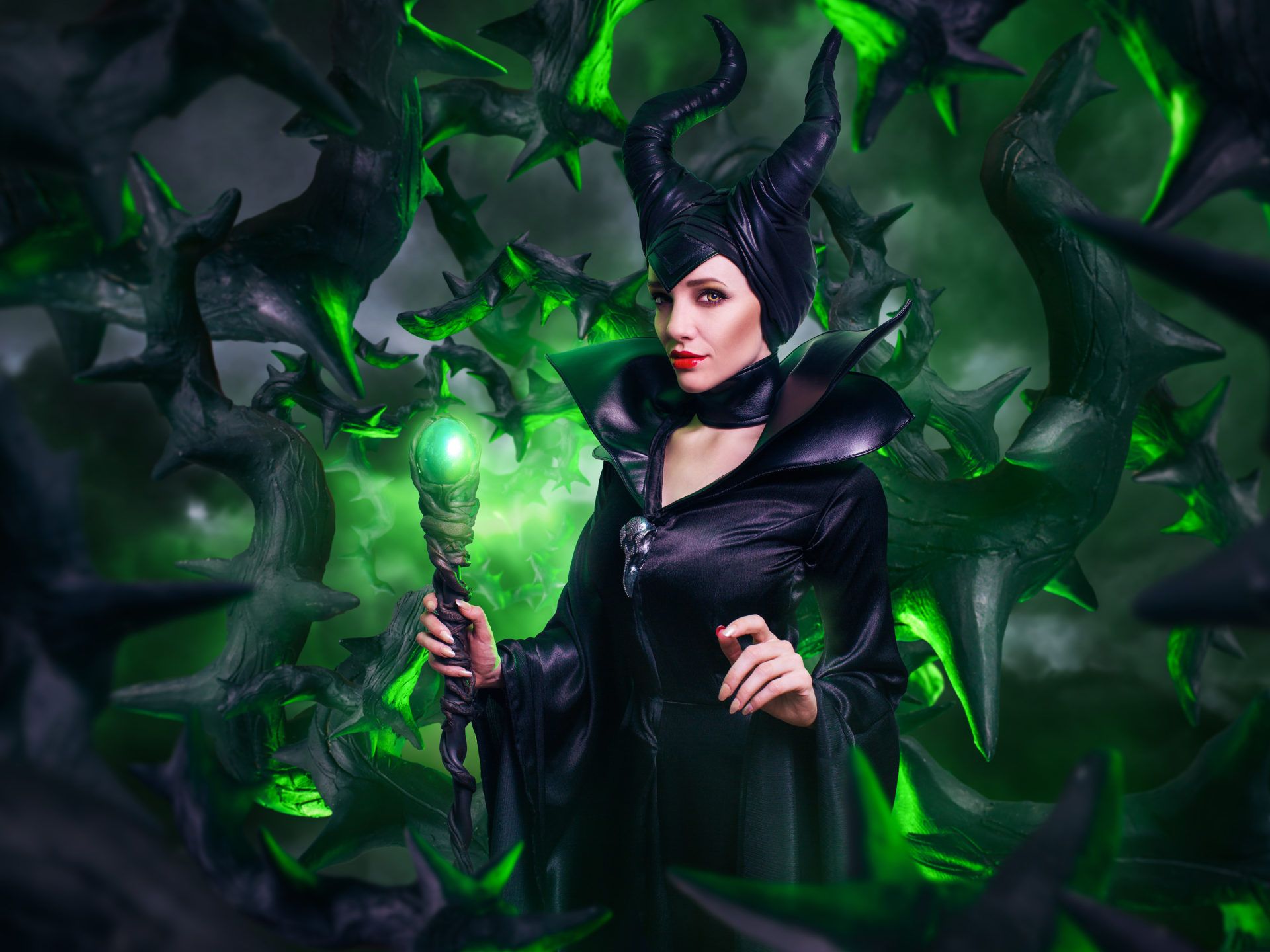 Angelina Jolie Maleficent Wallpaper black witch with horns magic wand green Background HD 5200x3250, Wallpaper13.com