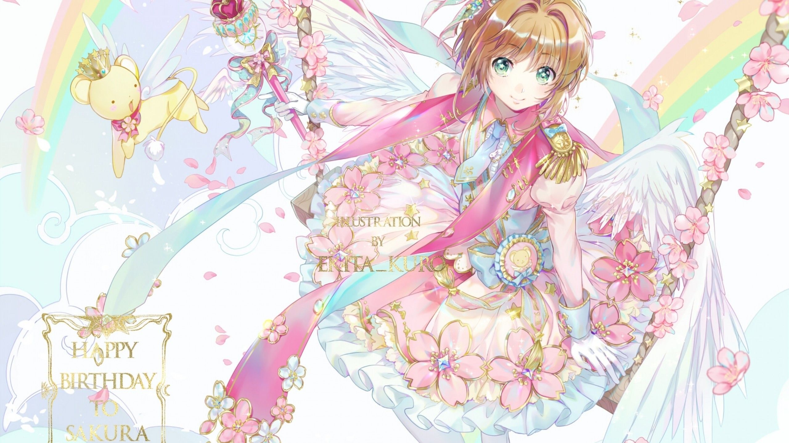 Download 2560x1440 Kinomoto Sakura, Cardcaptor Sakura, Wings, Magic, Wand, Flowers Wallpaper for iMac 27 inch