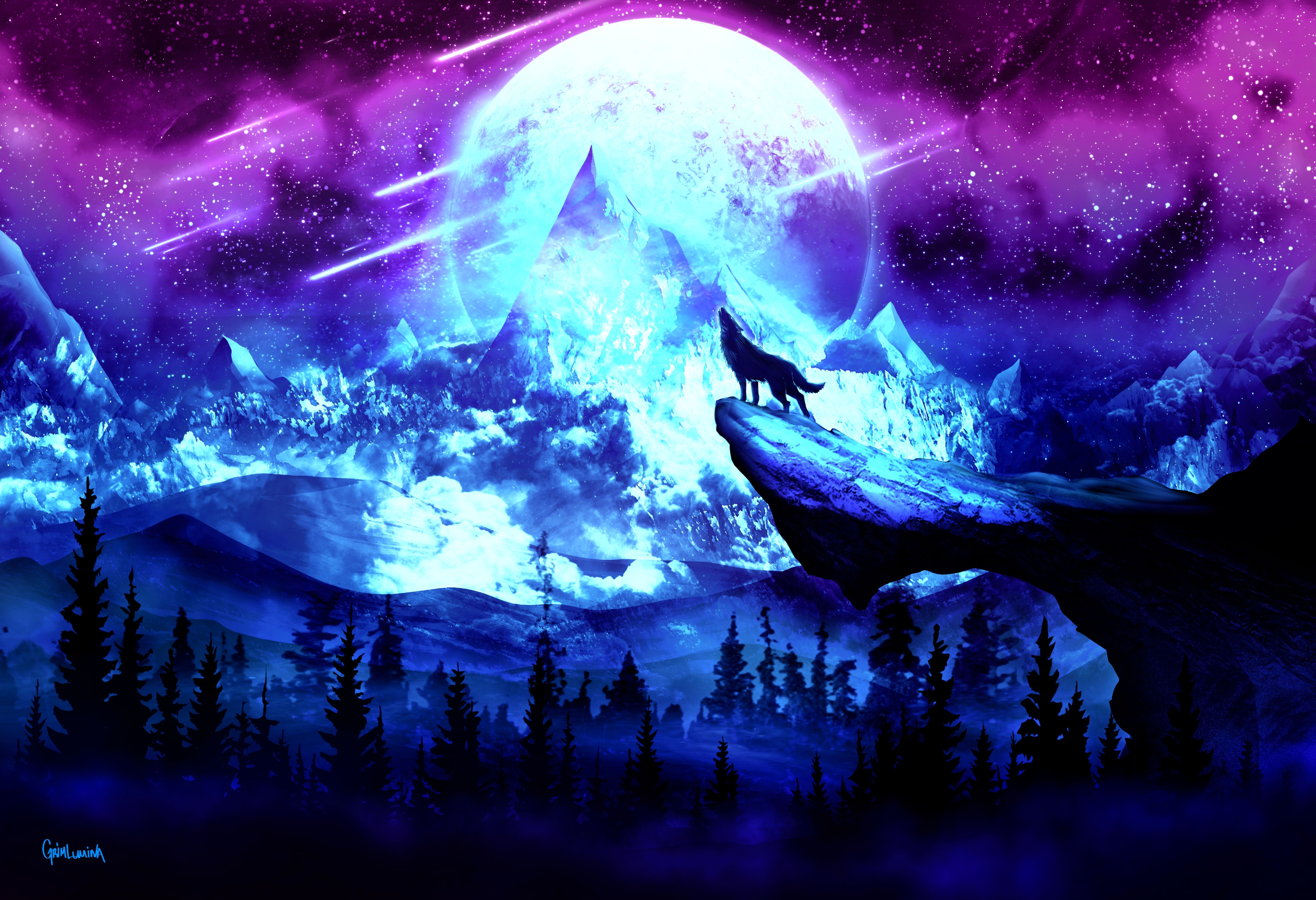 Download wallpaper 5701x3899 wolf, moon, night, mountains, art HD background