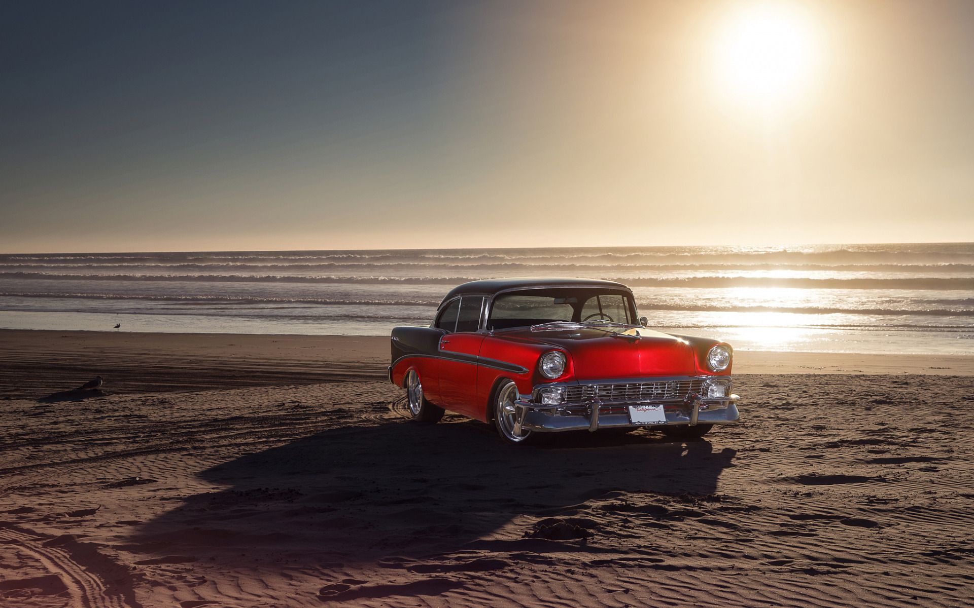 Download wallpaper Chevrolet Bel Air, red luxury coupe, retro cars, American vintage cars, car on the beach, ocean, sunset, Chevrolet for desktop with resolution 1920x1200. High Quality HD picture wallpaper