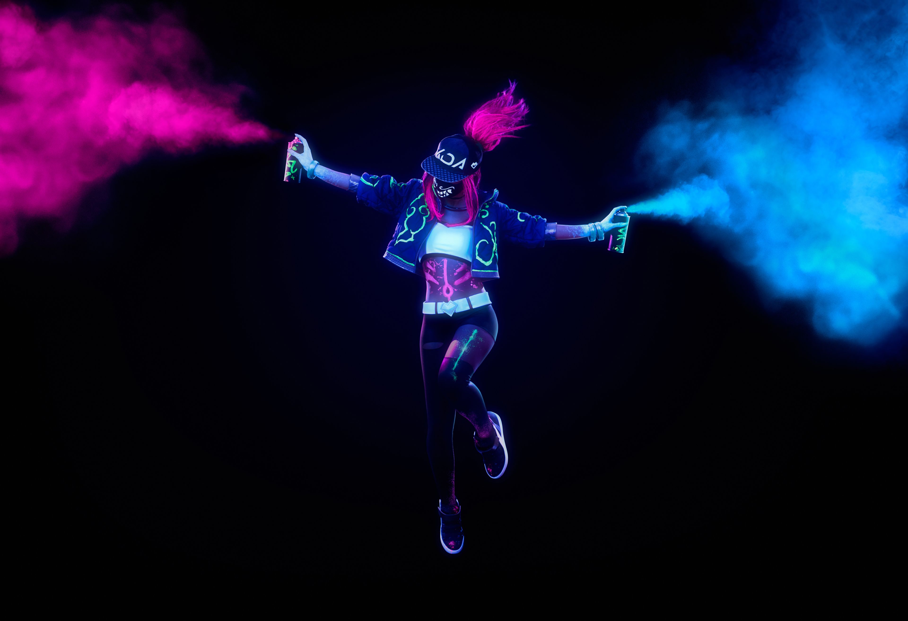 KDA 4K Wallpaper, League of Legends, Neon, Smoke, Black background, Cosplay, Graphics CGI