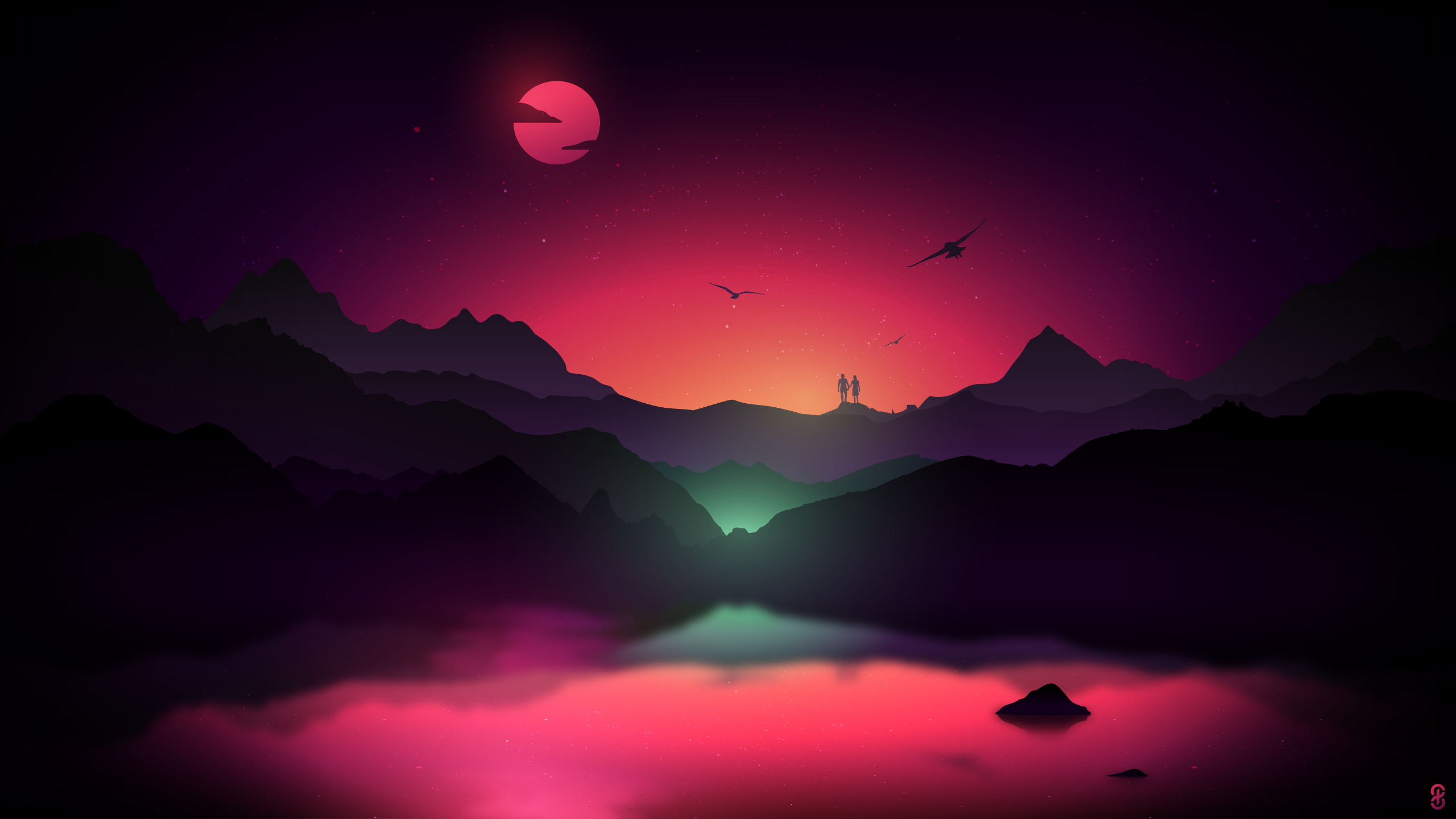 General 2560x1440 mountain silhouette lake digital art moon bird rock reflection couple night stars blurred glowing vip, Fotos, Papeis de parede para iphone