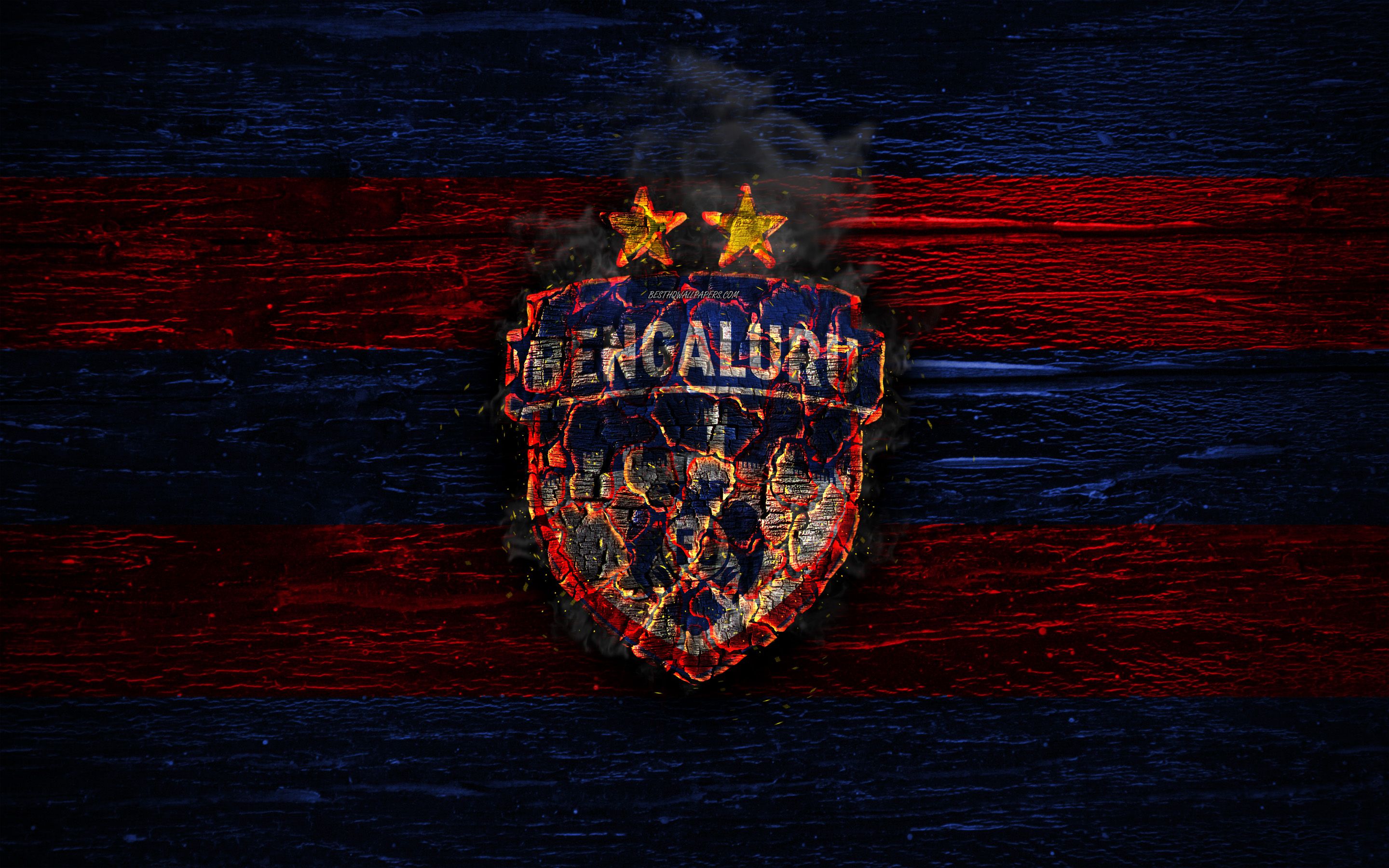 Download wallpaper Bengaluru FC, fire logo, Indian Super League, blue and red lines, ISL, Indian football club, grunge, football, soccer, logo, Bengaluru, wooden texture, India for desktop with resolution 2880x1800. High Quality