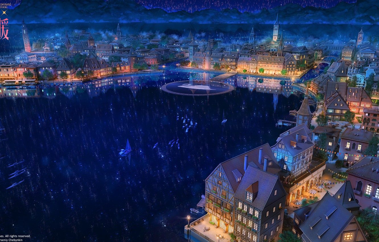 Wallpaper night, the city, lake, anime image for desktop, section арт