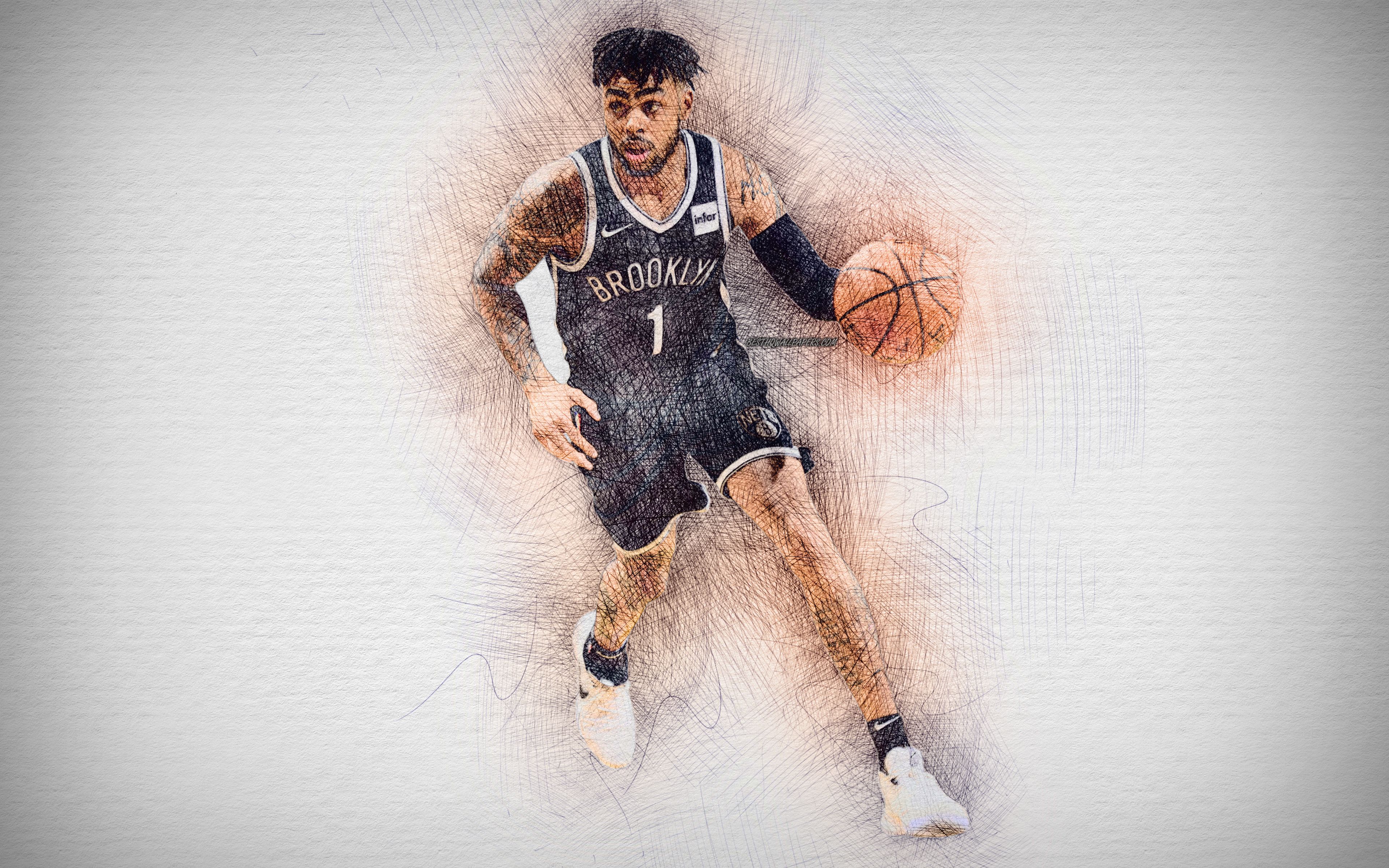 Download wallpaper D Angelo Russell, 4k, artwork, basketball stars, Brooklyn Nets, NBA, basketball, drawing D Angelo Russell for desktop with resolution 3840x2400. High Quality HD picture wallpaper
