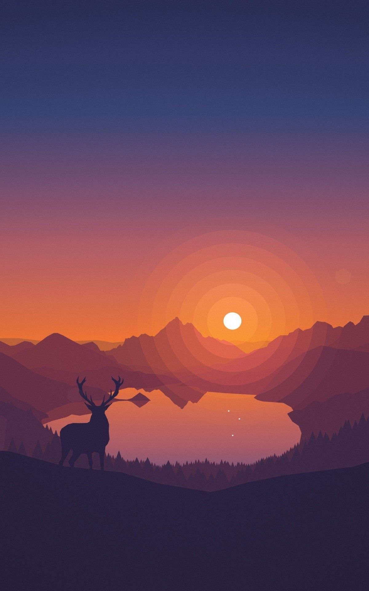 Download 1200x1920 Minimalism, Scenic, Toon Colors, Deer, Sun, Forest, Trees, Mountain Wallpaper for Asus Transformer, Asus Nexus Amazon Kindle Fire HD 8.9