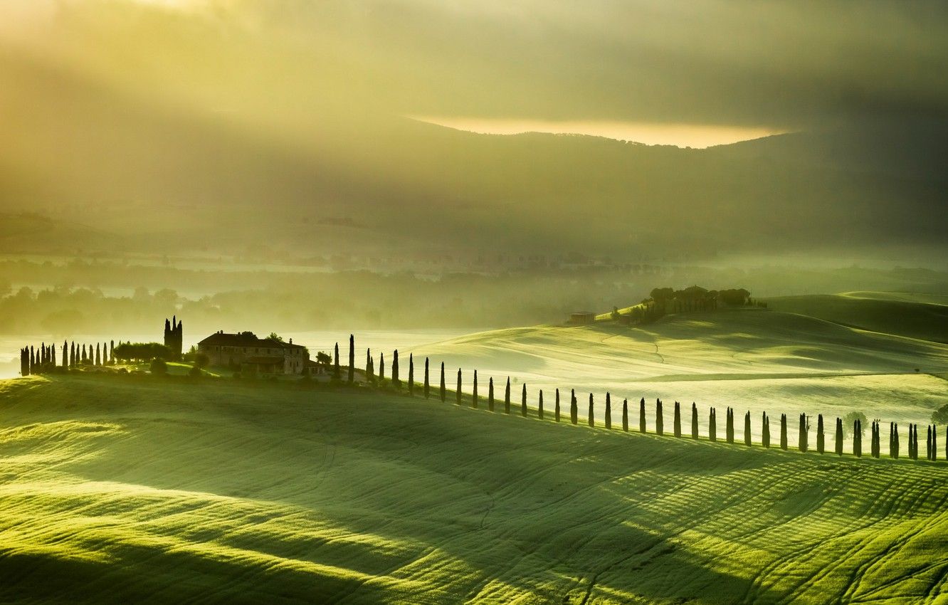 Wallpaper field, landscape, fog, Italy, Tuscany image for desktop, section пейзажи