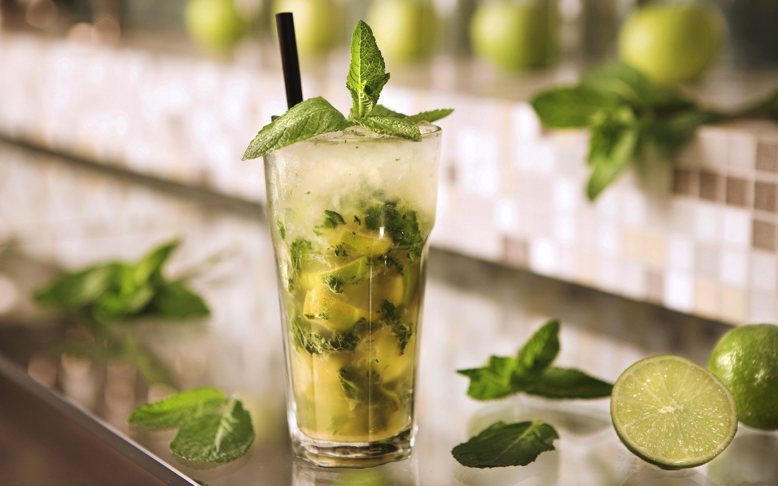 Wallpaper Cold drinks mojito, mint leaves, lime green, ice 2560x1600 HD Picture, Image