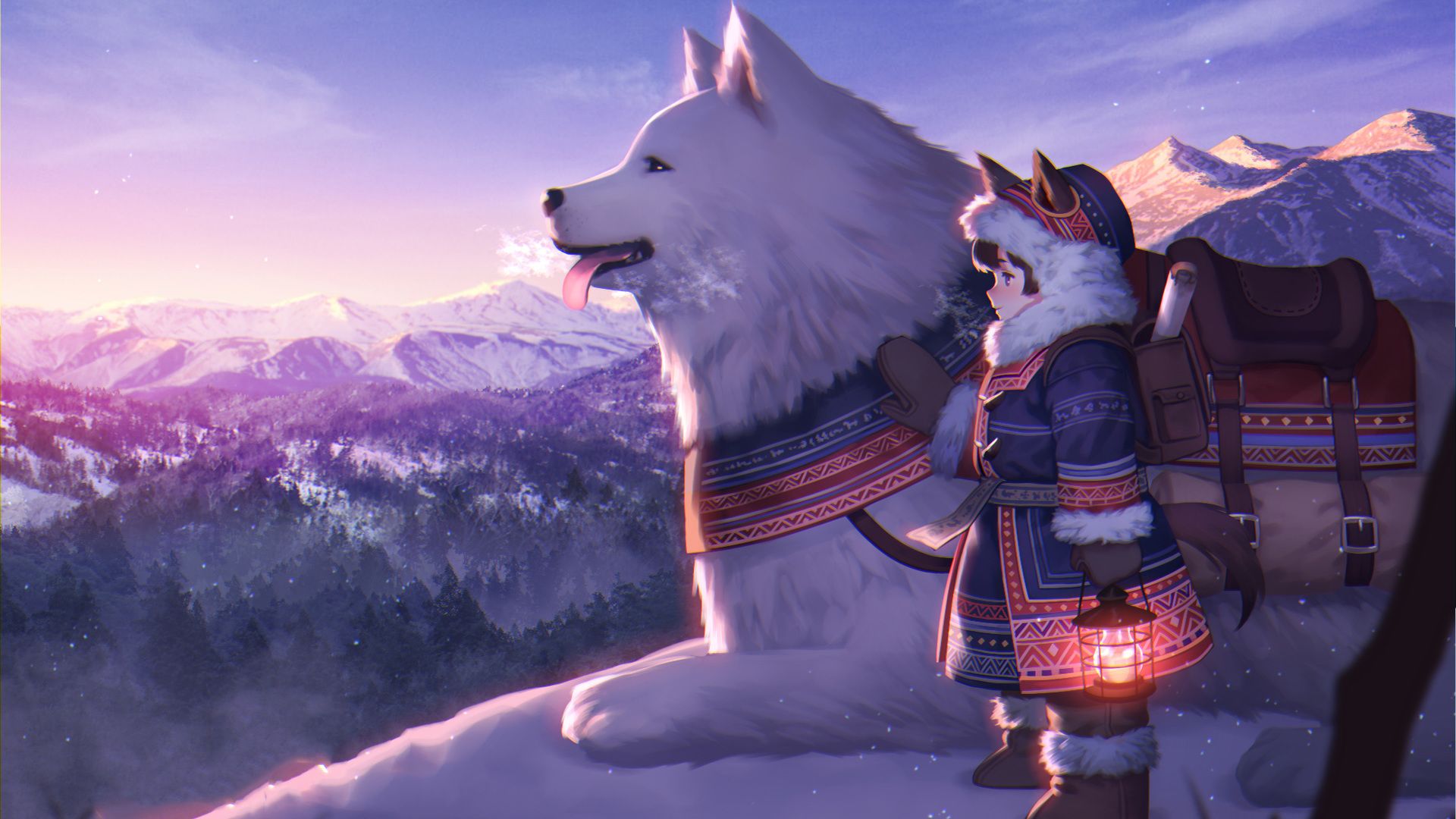 White Dog With Cute Baby Girl Snow Mountains Anime Girl, Download Wallpaper