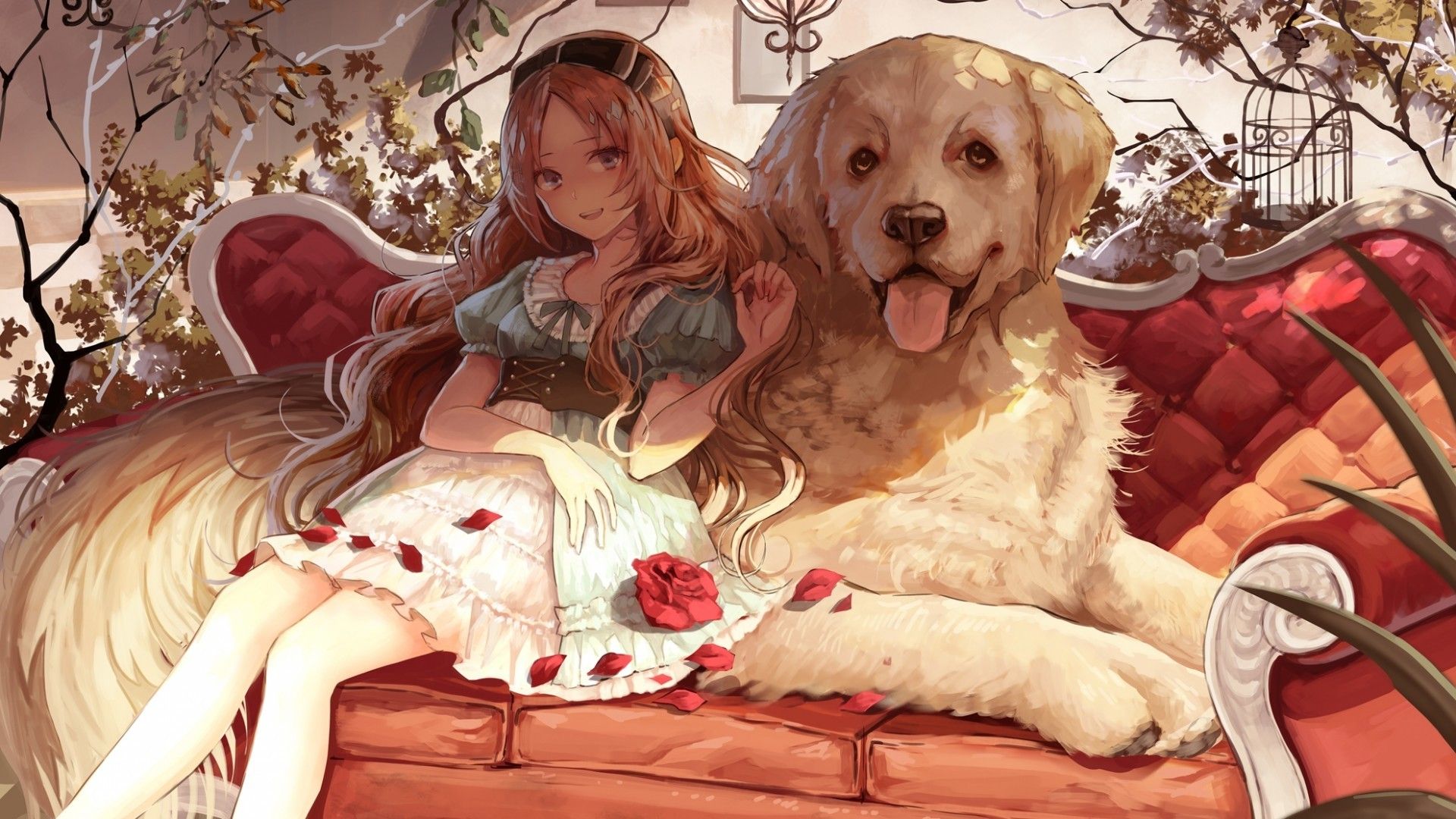 Download 1920x1080 Anime Girl, Blonde, Dog, Smiling, Cute, Flowers Wallpaper for Widescreen