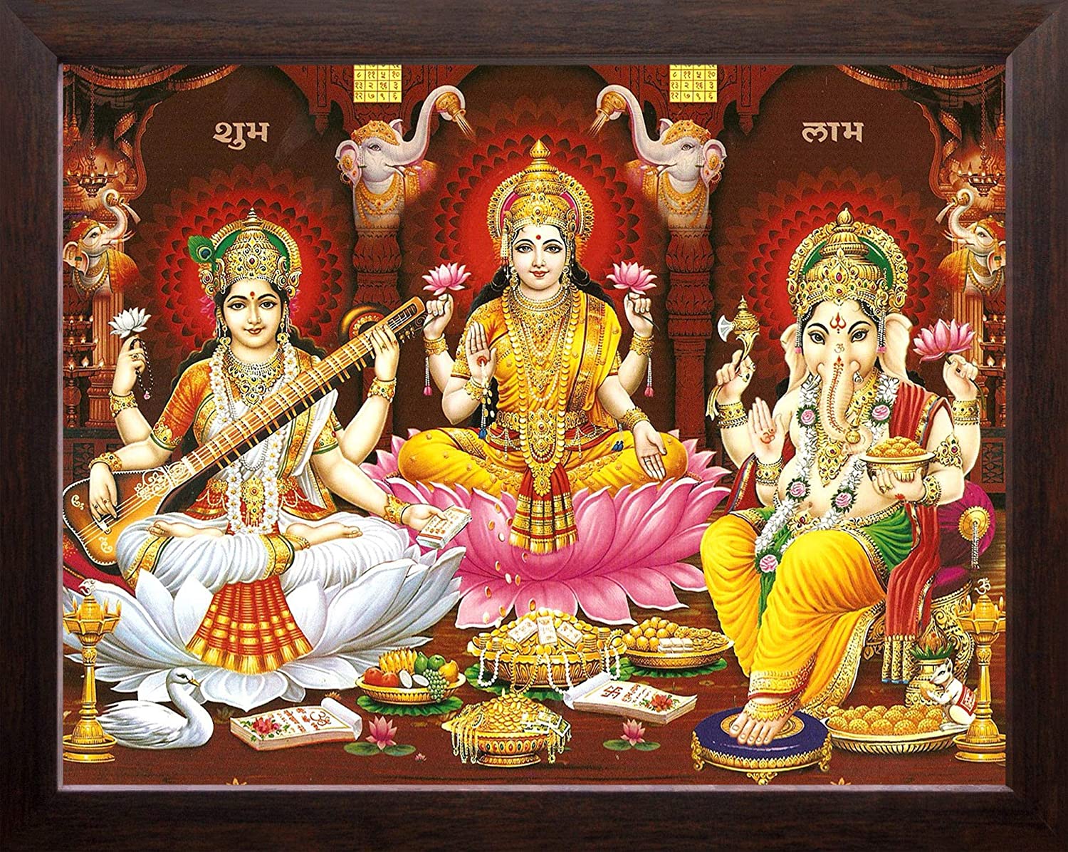 Art n Store MATA Lakshmi with Devi Saraswati & Lord Ganesha HD Printed Religious & Decor Picture with Plane Brown Frame (30 X 23.5 X 1.5 cm_ Brown Wood): Amazon.in: Home & Kitchen