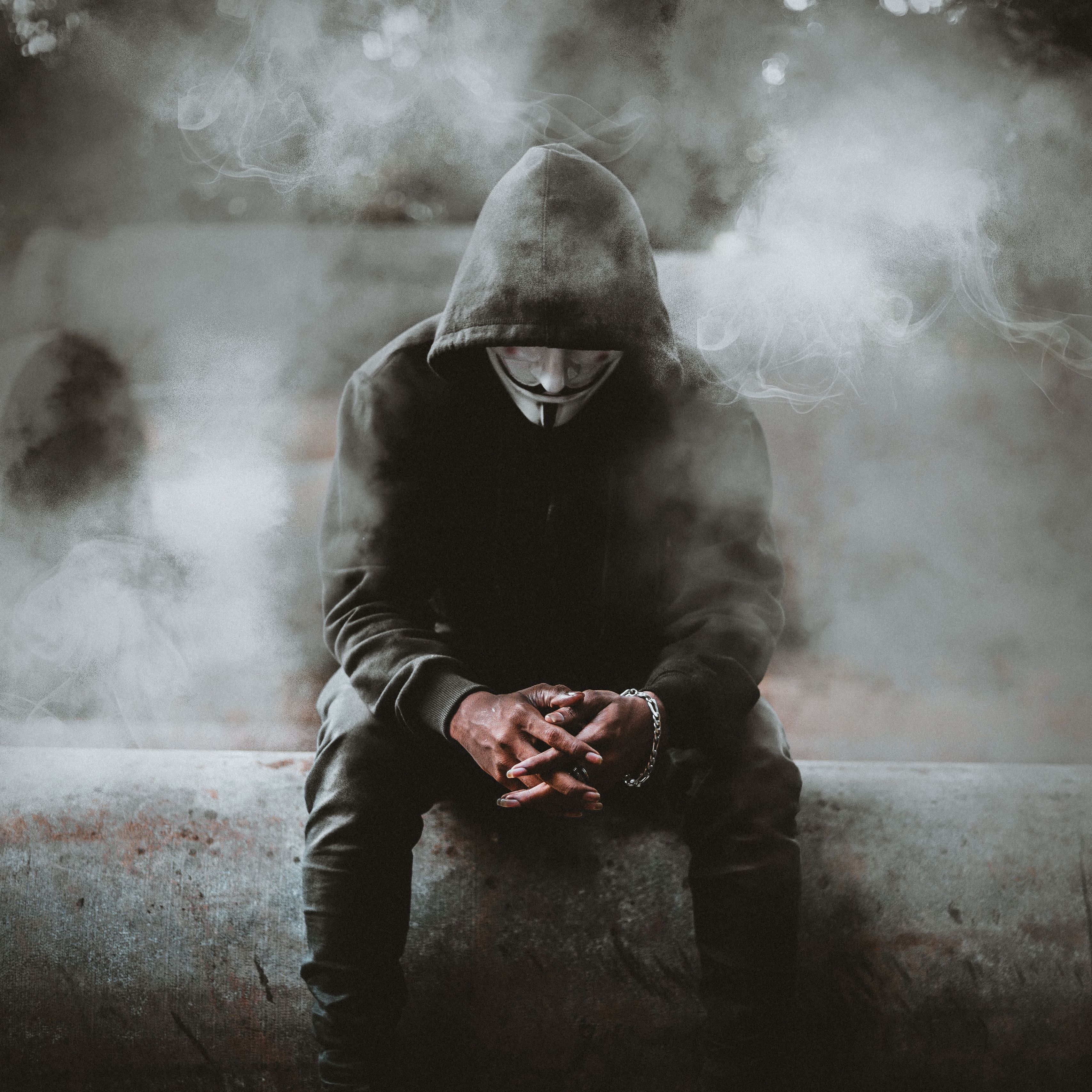 Download wallpaper 3415x3415 anonymous, mask, hood, smoke, person ipad pro 12.9 retina for parallax HD background
