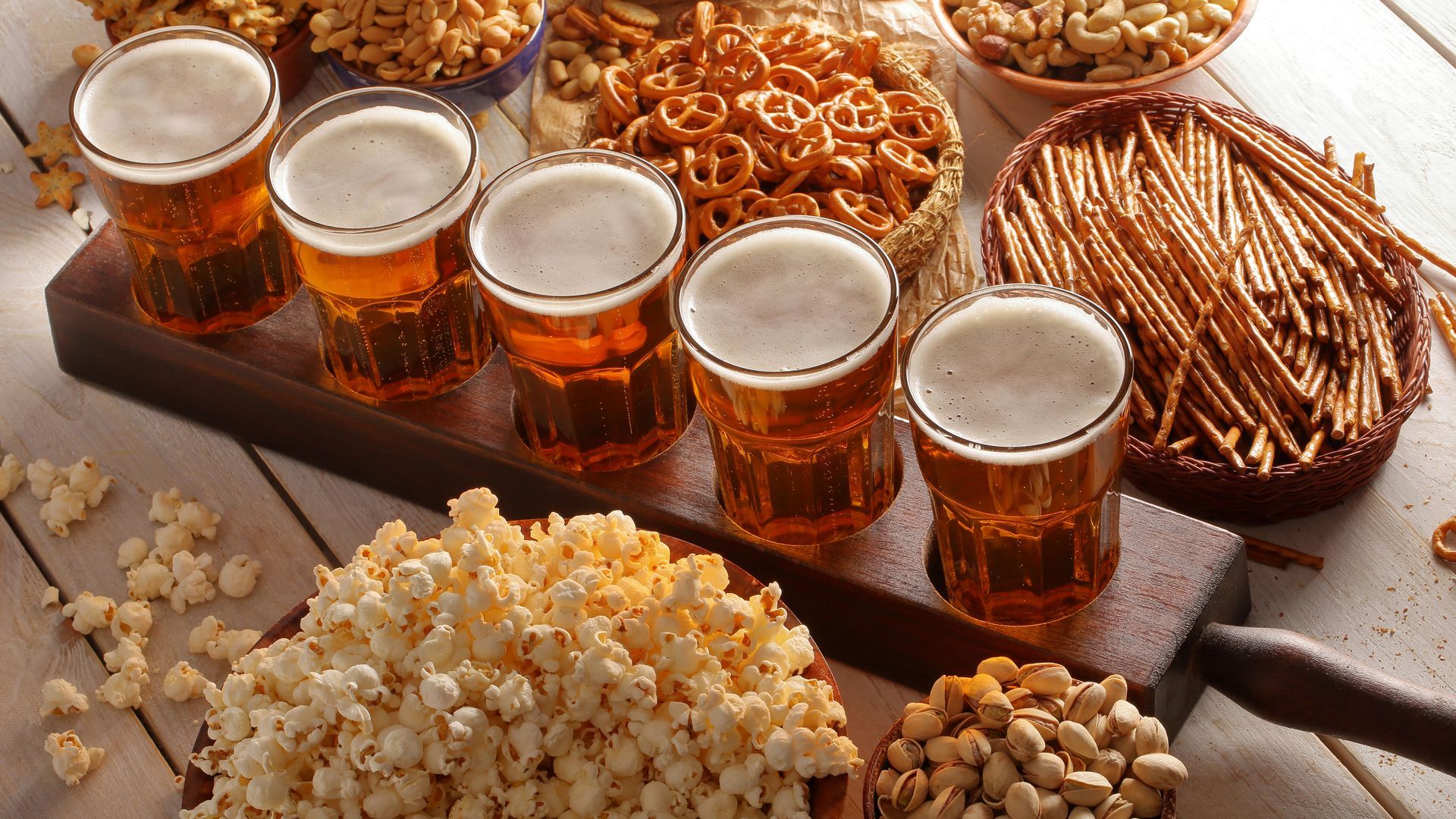 Popcorn Dried Fruits and Five Beer Glasses Wallpaper