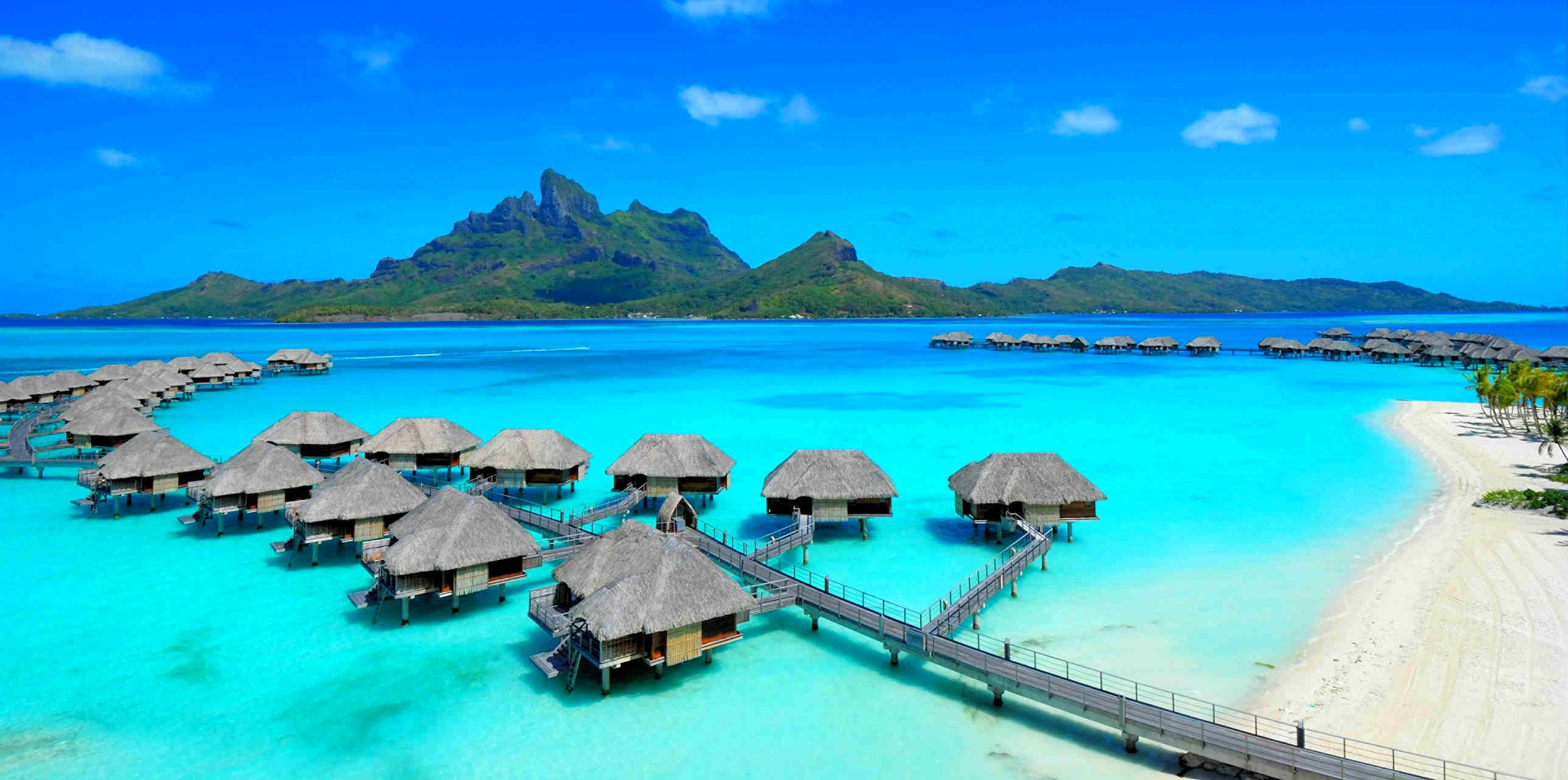 ocean, mountains, summer, resort, Bora Bora, turquoise water, tropical, paradise, island, bungalows, beach, French Polynesia, walkway wallpaper