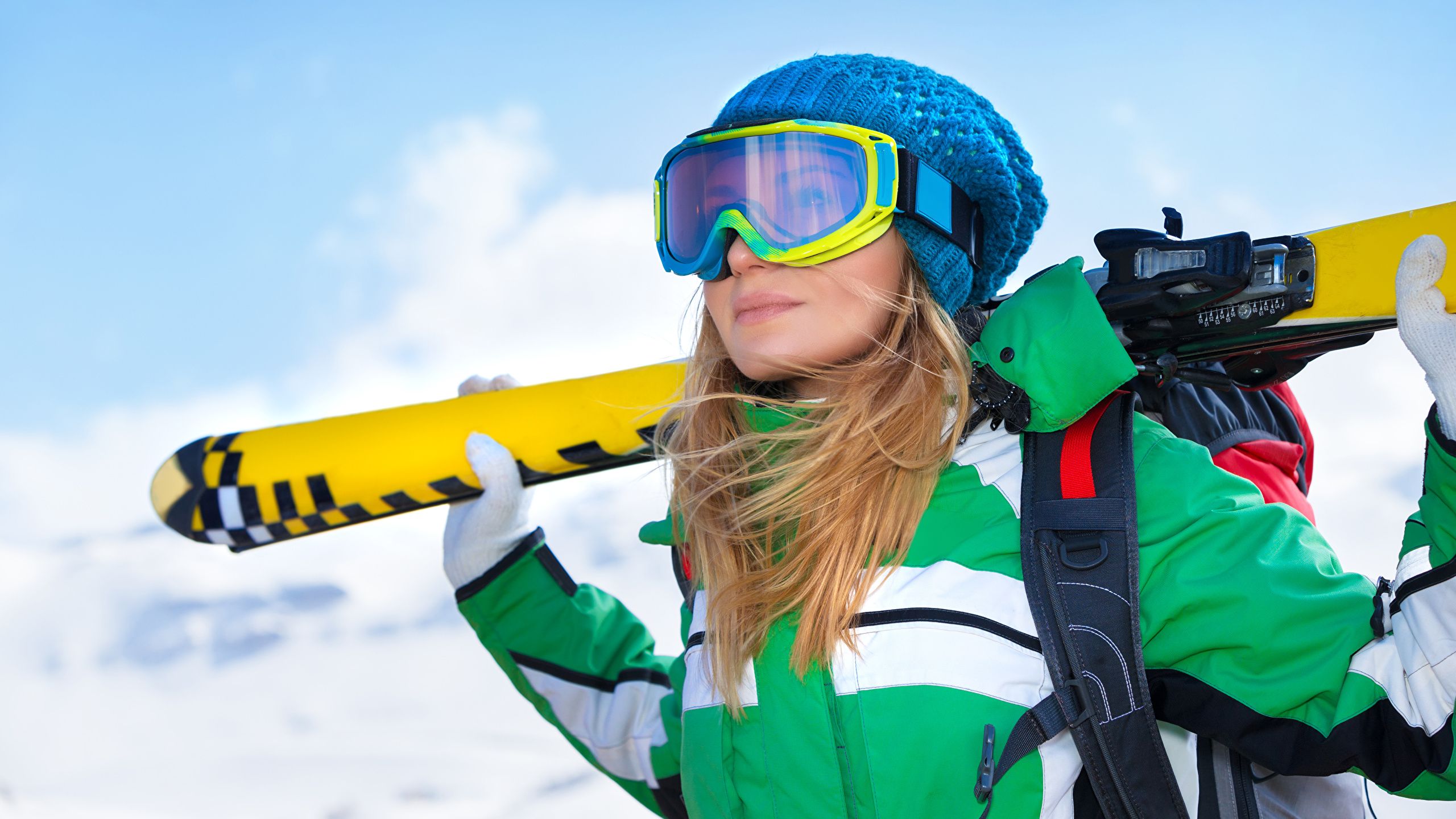 image Blonde girl Winter female Winter hat Skiing Glasses 2560x1440