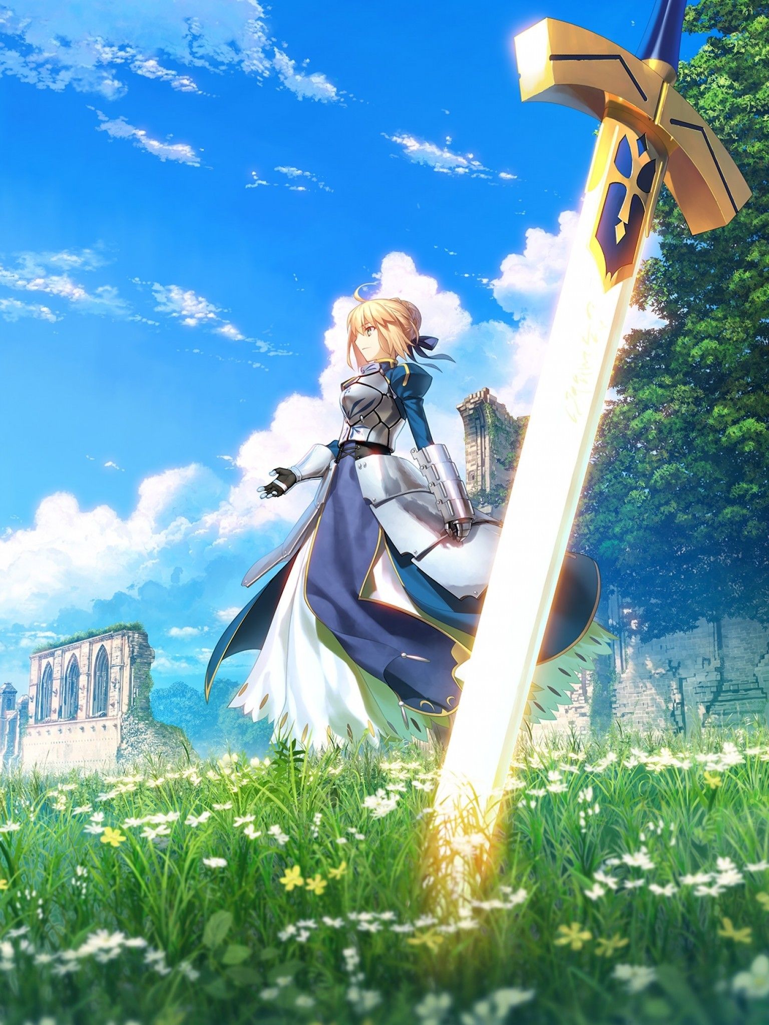Download 1536x2048 Saber, Fate Stay Night, Sword, Grass, Flowers, Clouds, Blonde, Armor Wallpaper for Apple iPad Mini, Apple IPad 4