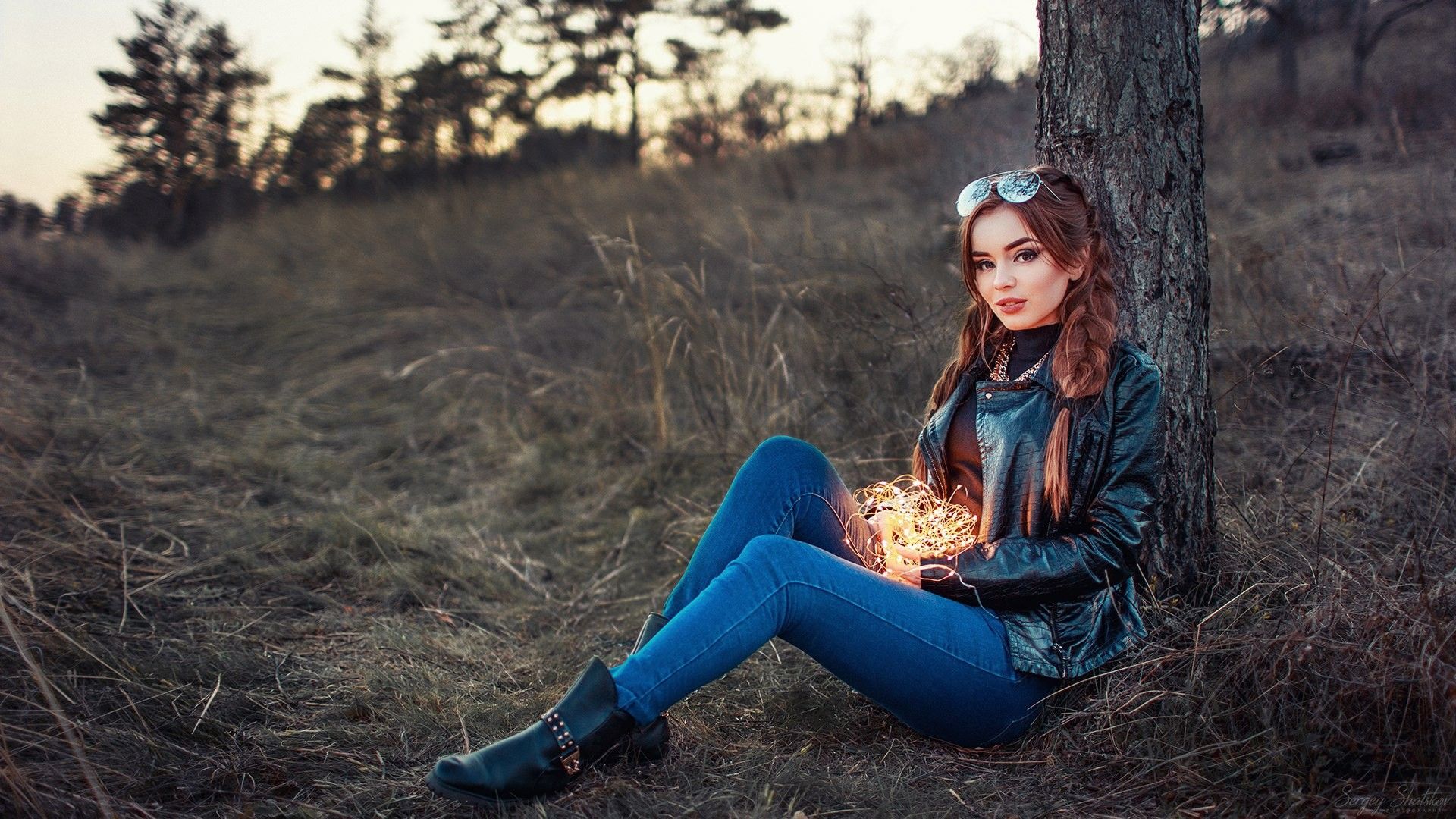 #sunglasses, #sitting, #portrait, #Sergey Shatskov, #women, #leather jackets, #trees, #jeans, #women outdoors, #pants, wallpaper. Mocah.org HD Wallpaper