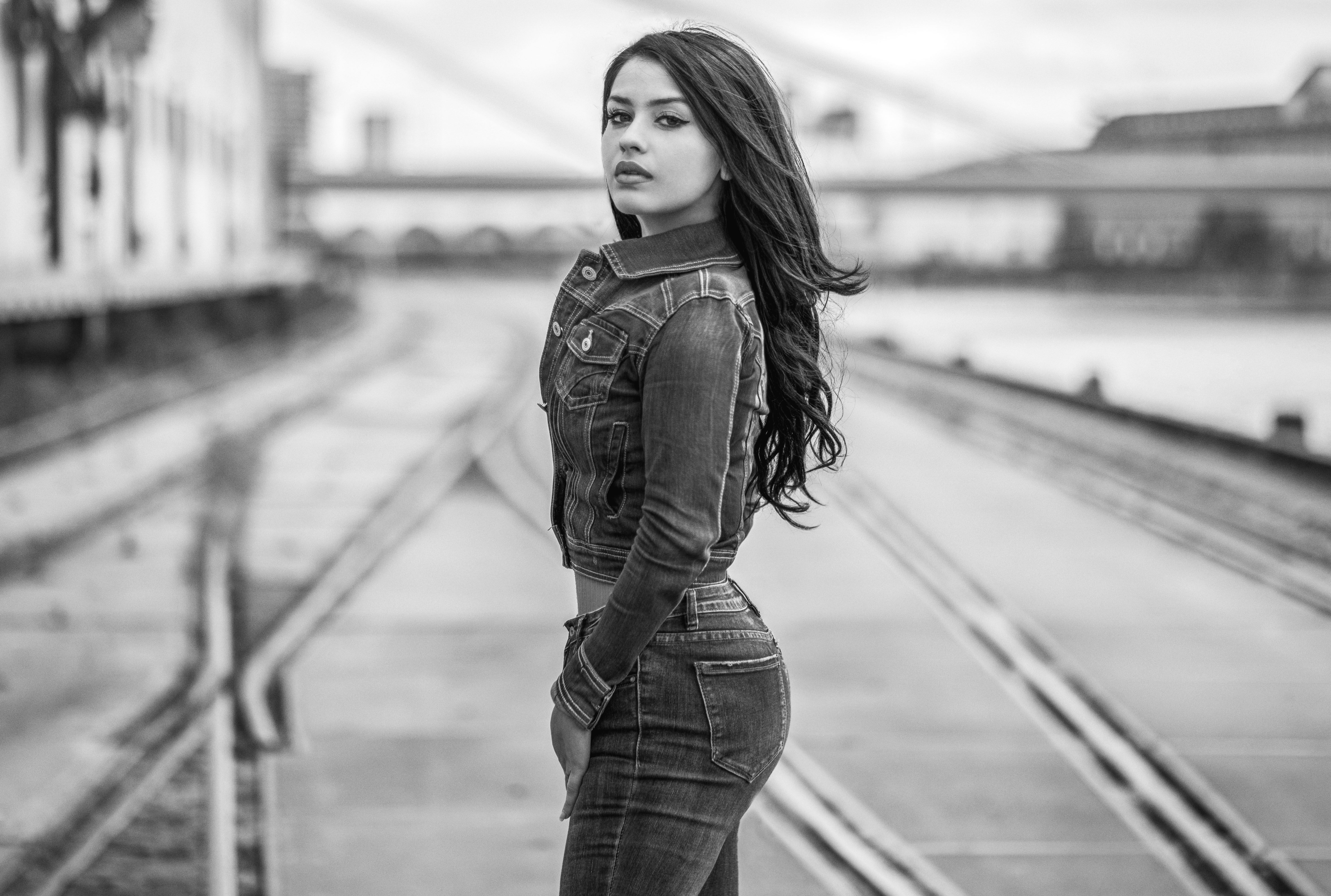 #monochrome, #jean jacket, #denim, #women, #railway, #jeans, #Dean Kaymak, wallpaper. Mocah HD Wallpaper