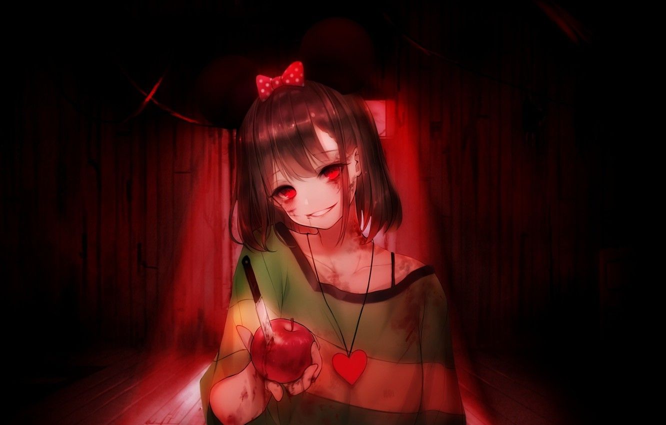 Wallpaper blood, spot, knife, game, red eyes, madness, the basement, hell of a grin, Undertale, Chara image for desktop, section прочее