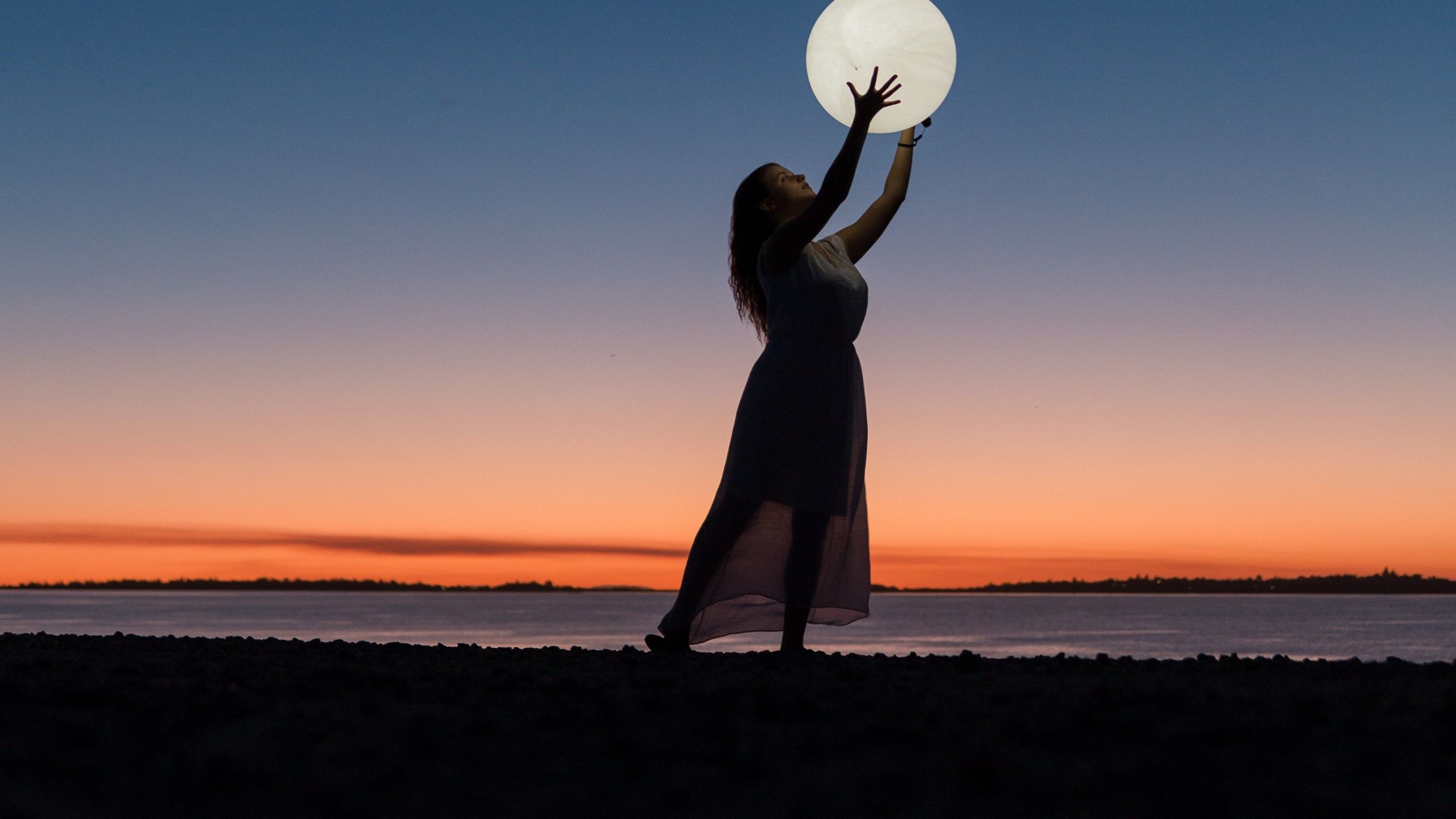Girl 4K Wallpaper, Woman, Moon, Beach, Sunset, Photography
