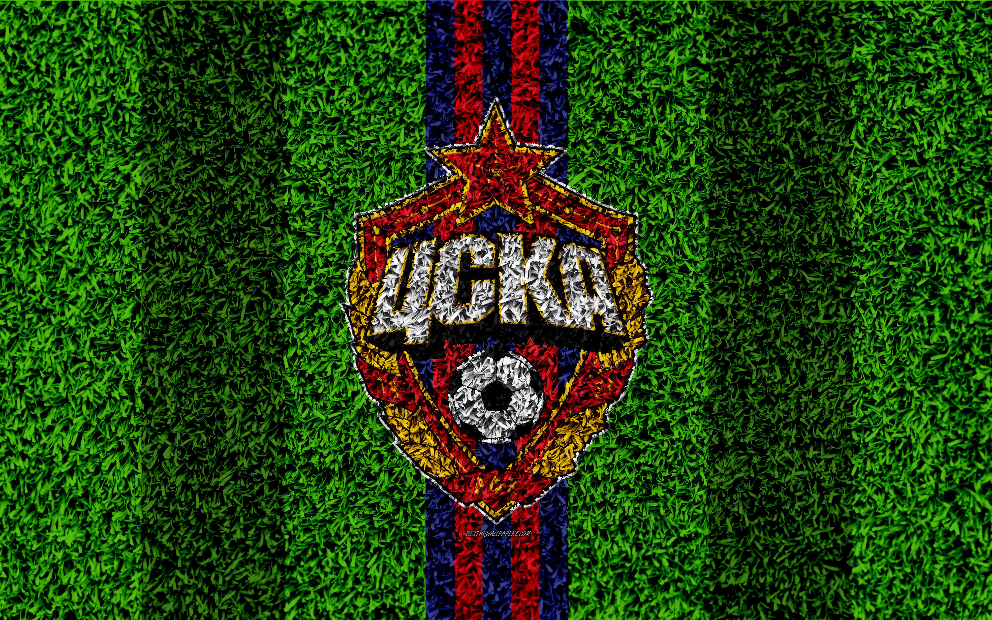 Download wallpaper PFC CSKA Moscow, 4k, logo, grass texture, Russian football club, blue red lines, football lawn, Russian Premier League, Moscow, Russia, football for desktop with resolution 3840x2400. High Quality HD picture