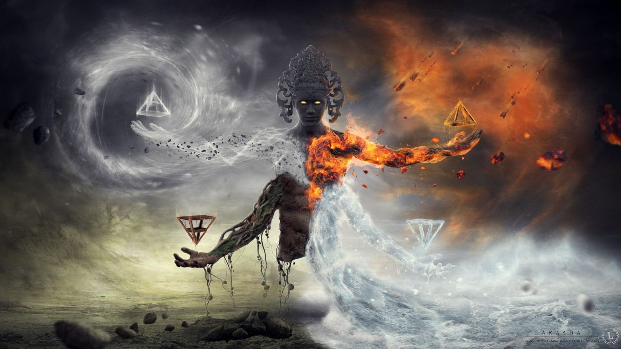 Fantasy art artwork elemental fire gods god ice demon psychedelic wallpaperx1440