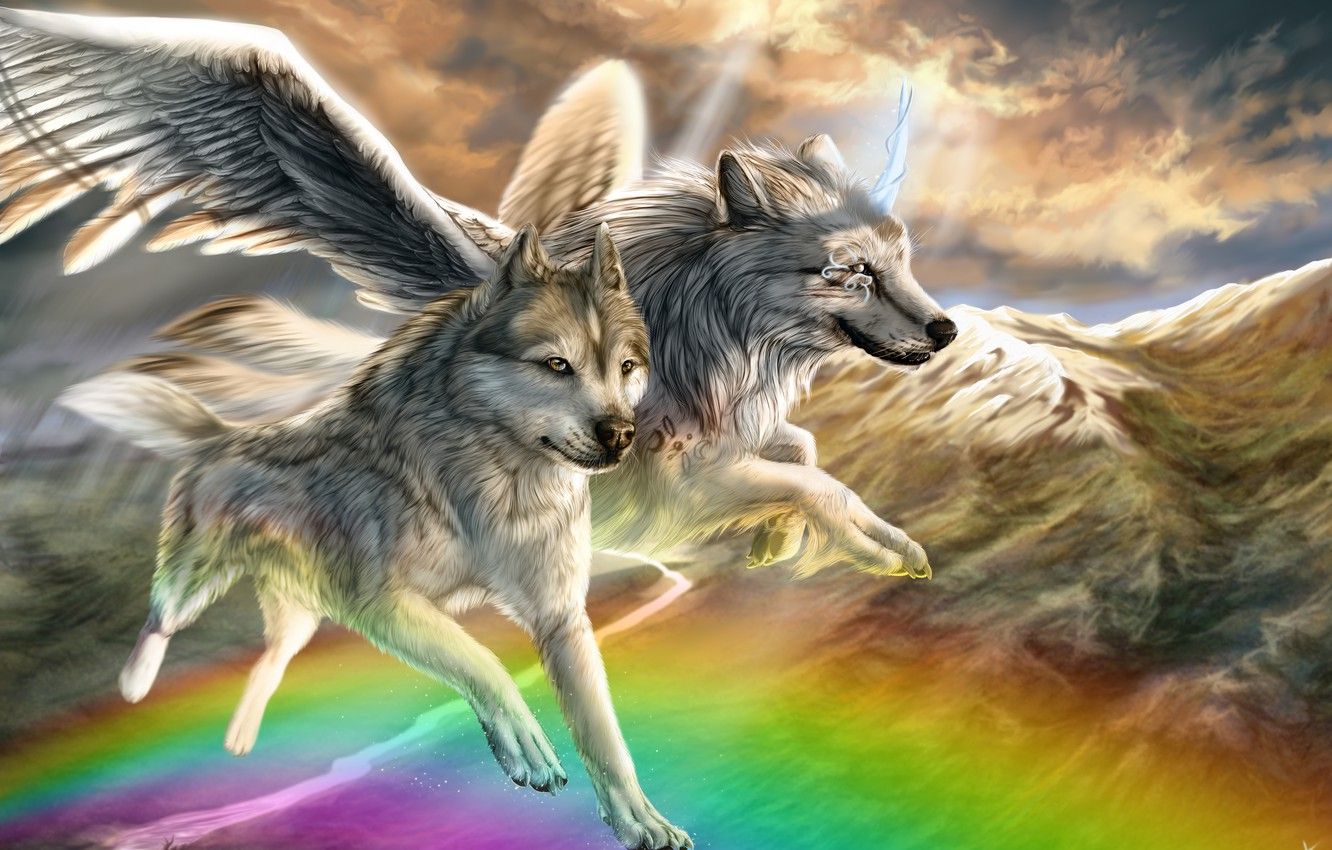 Wallpaper animals, mountains, fiction, wings, rainbow, art, pair, wolves, flight, river image for desktop, section фантастика