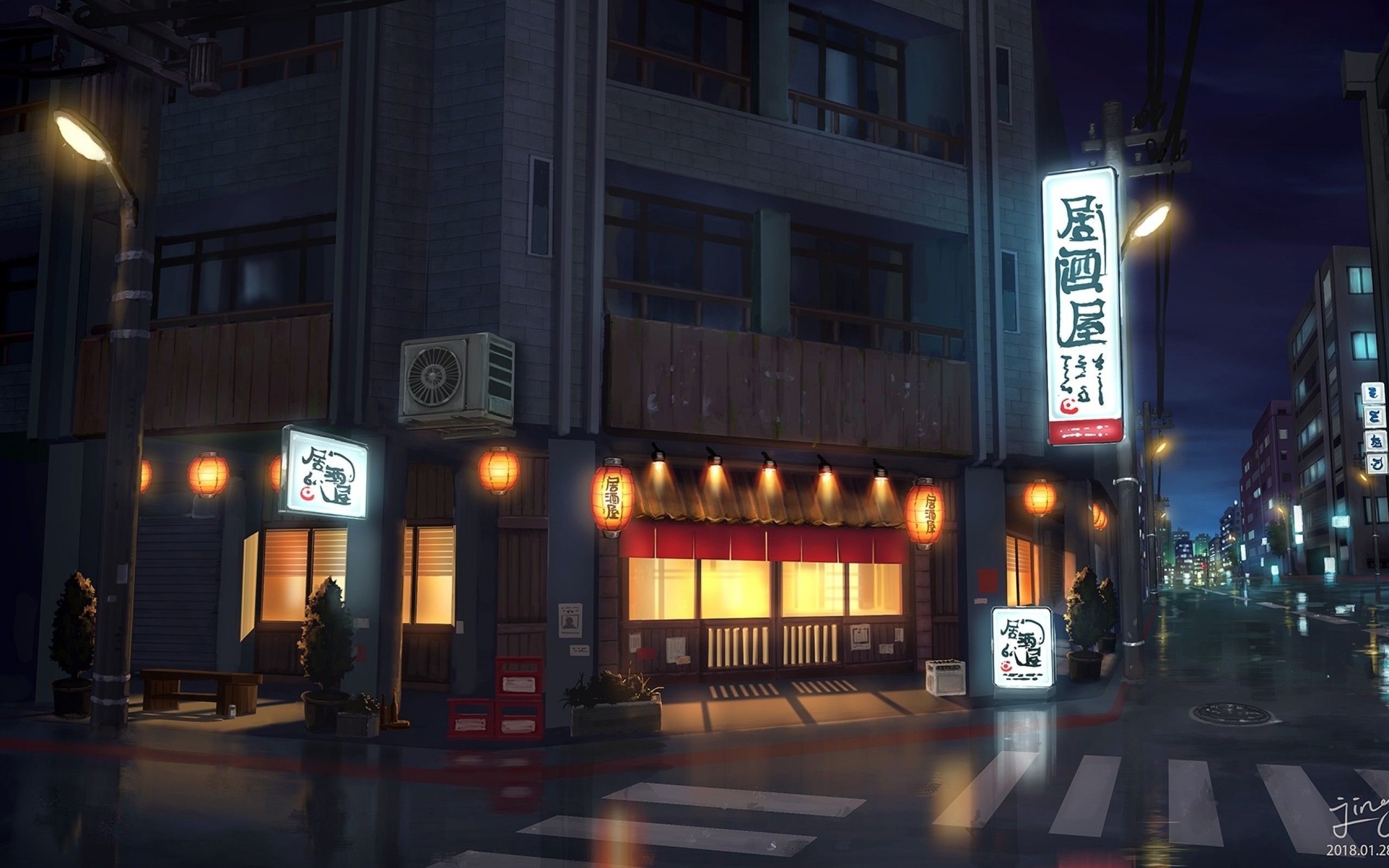 Download 2560x1600 Anime Street, Restaurant, Night, Scenic Wallpaper for MacBook Pro 13 inch