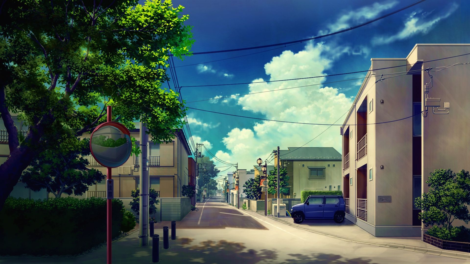 Download 1920x1080 Anime Landscape, Street, Buildings, Trees, Scenic, Mirror Wallpaper for Widescreen