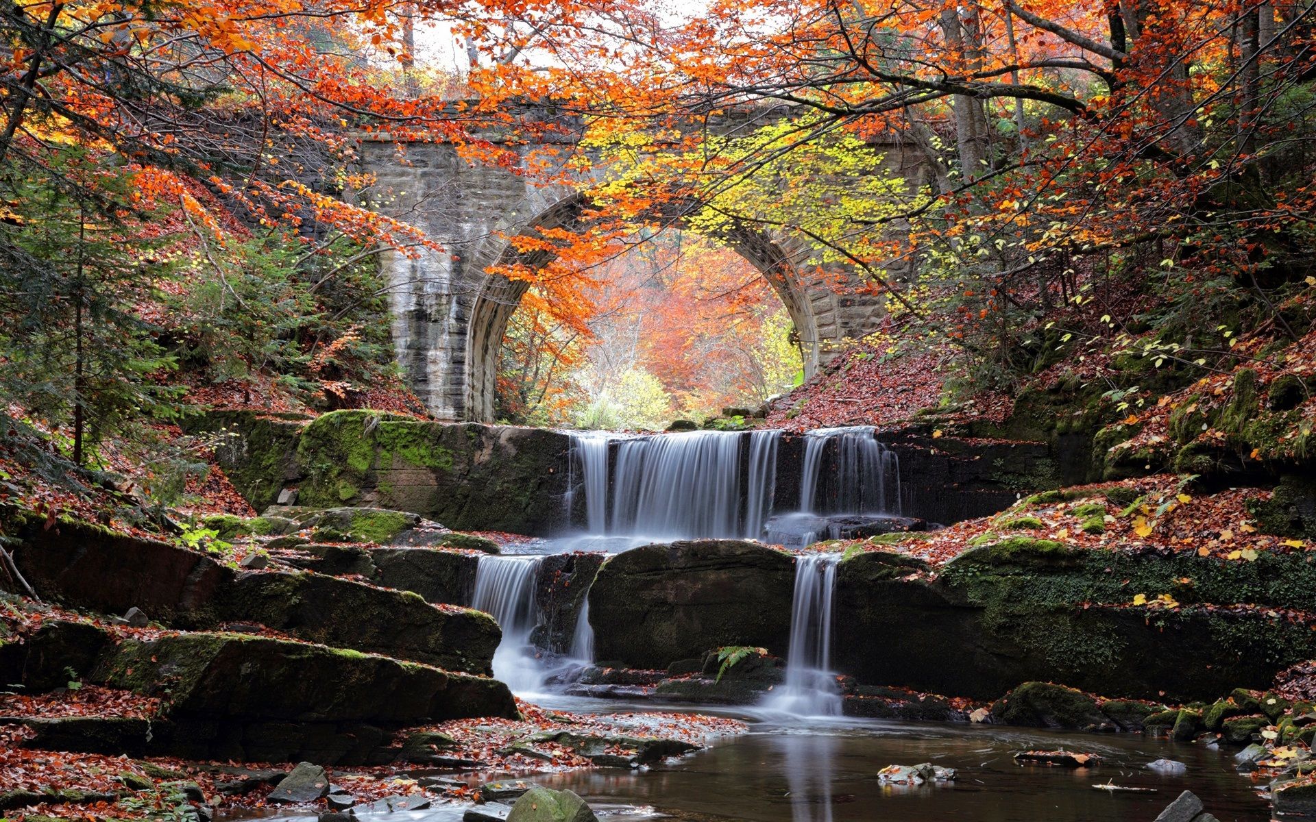 Wallpaper River, waterfall, bridge, stones, trees, autumn 1920x1200 HD Picture, Image