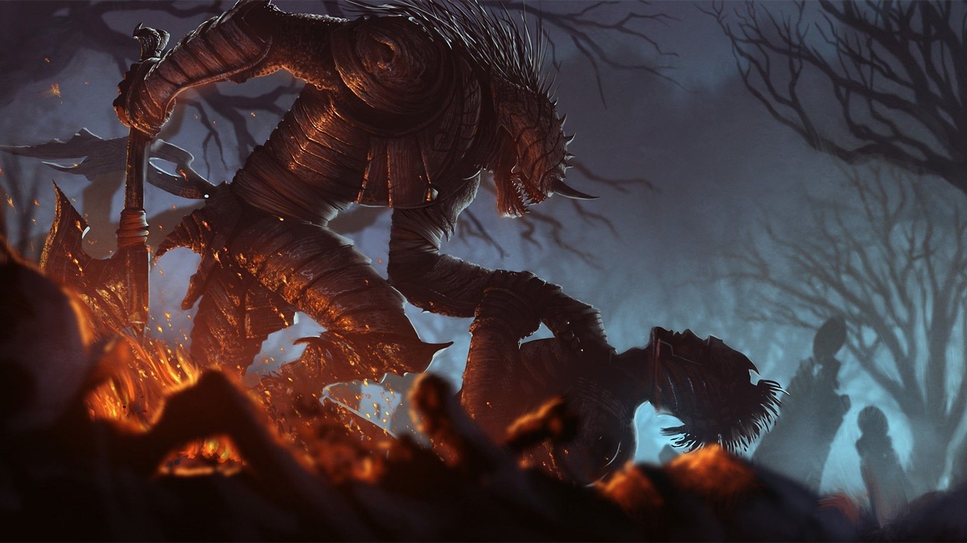 Fall of a Hero Atilgan Asikuzun fantasy warrior soldiers monster creature alien death battle war fire flames dark trees forest weapons axe cemetery graveyard wallpaperx1080