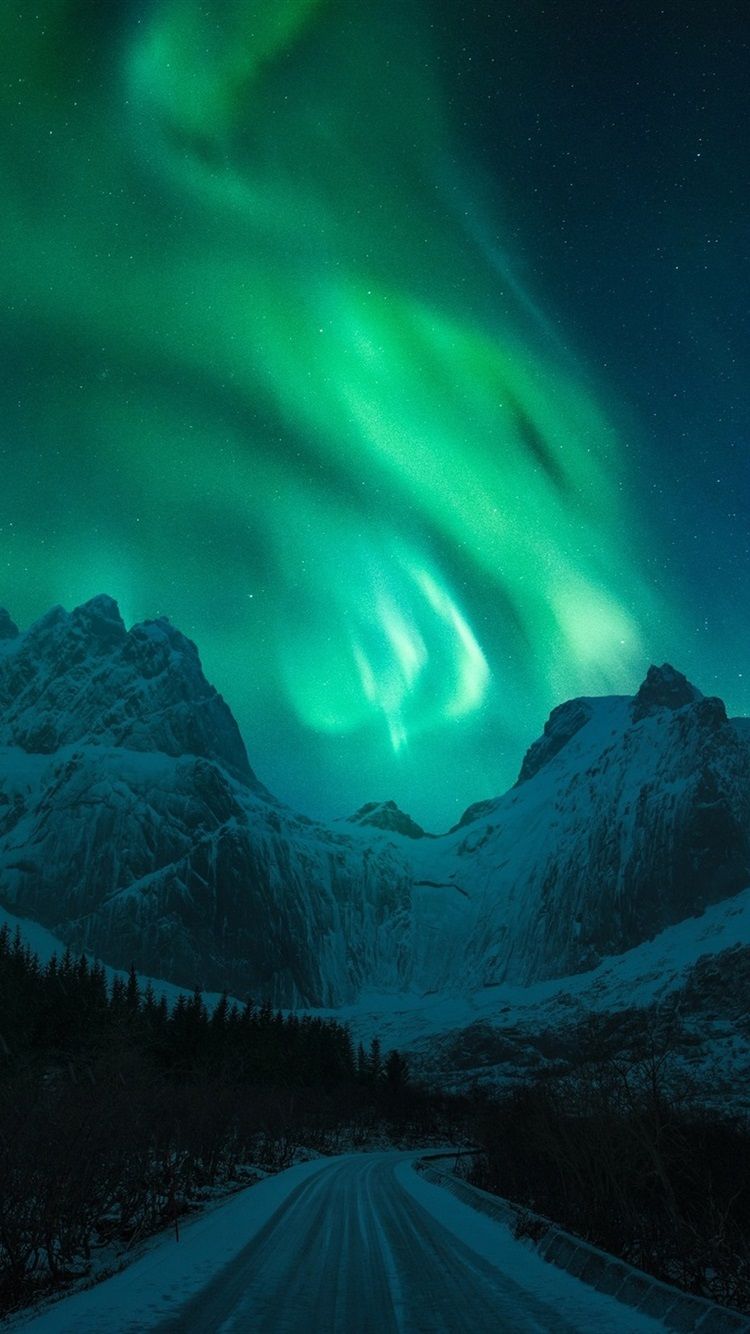 Wallpaper Northern lights, snow, mountains, winter, road, night 1920x1440 HD Picture, Image