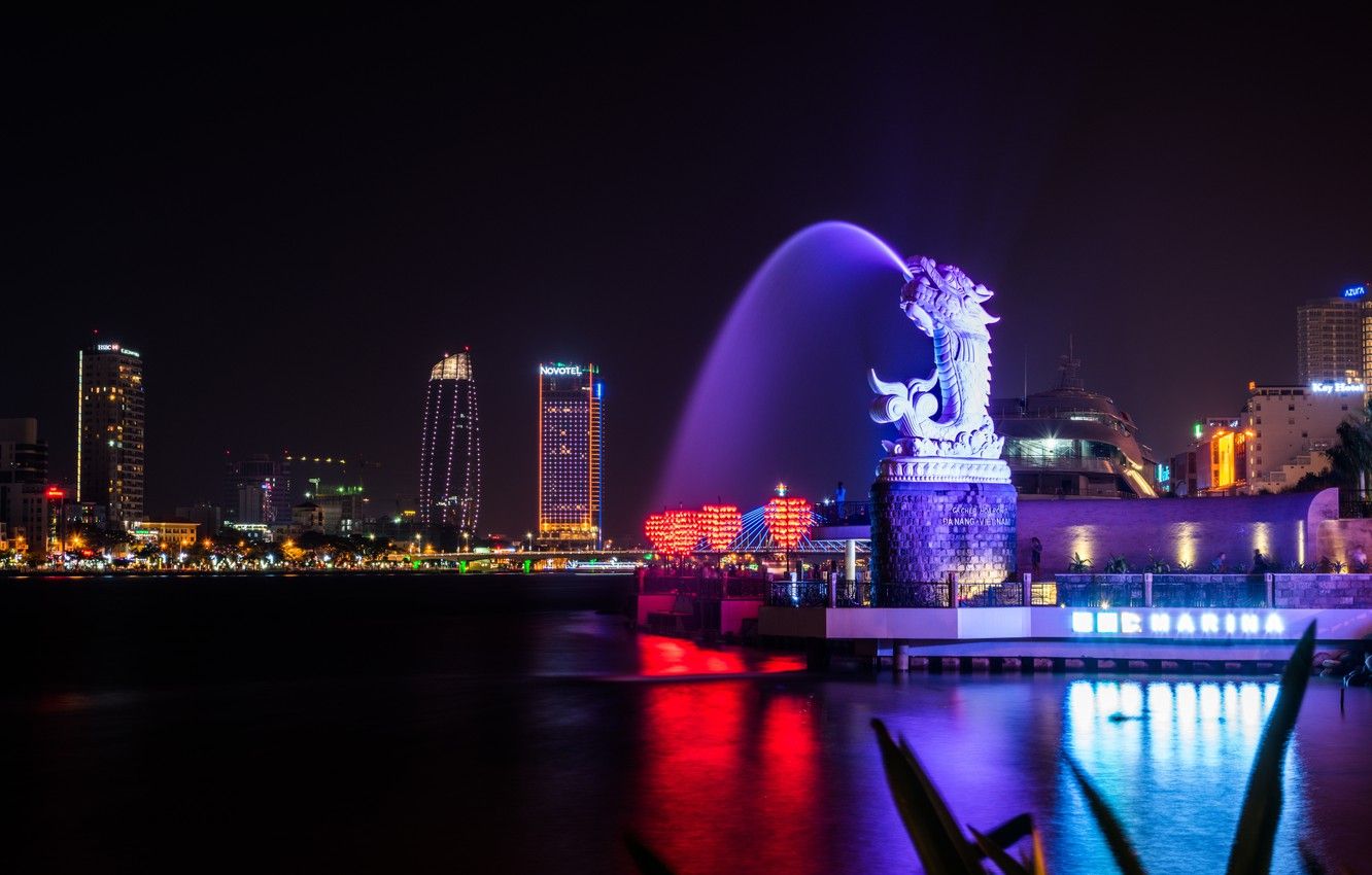 Wallpaper photo, Night, The city, Dragon, Fountains, Vietnam, Da Nang image for desktop, section город