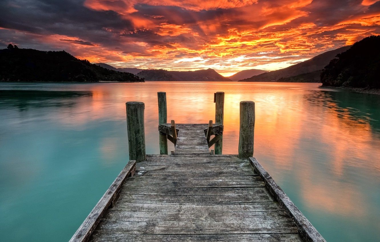 Wallpaper sunset, bridge, lake image for desktop, section природа
