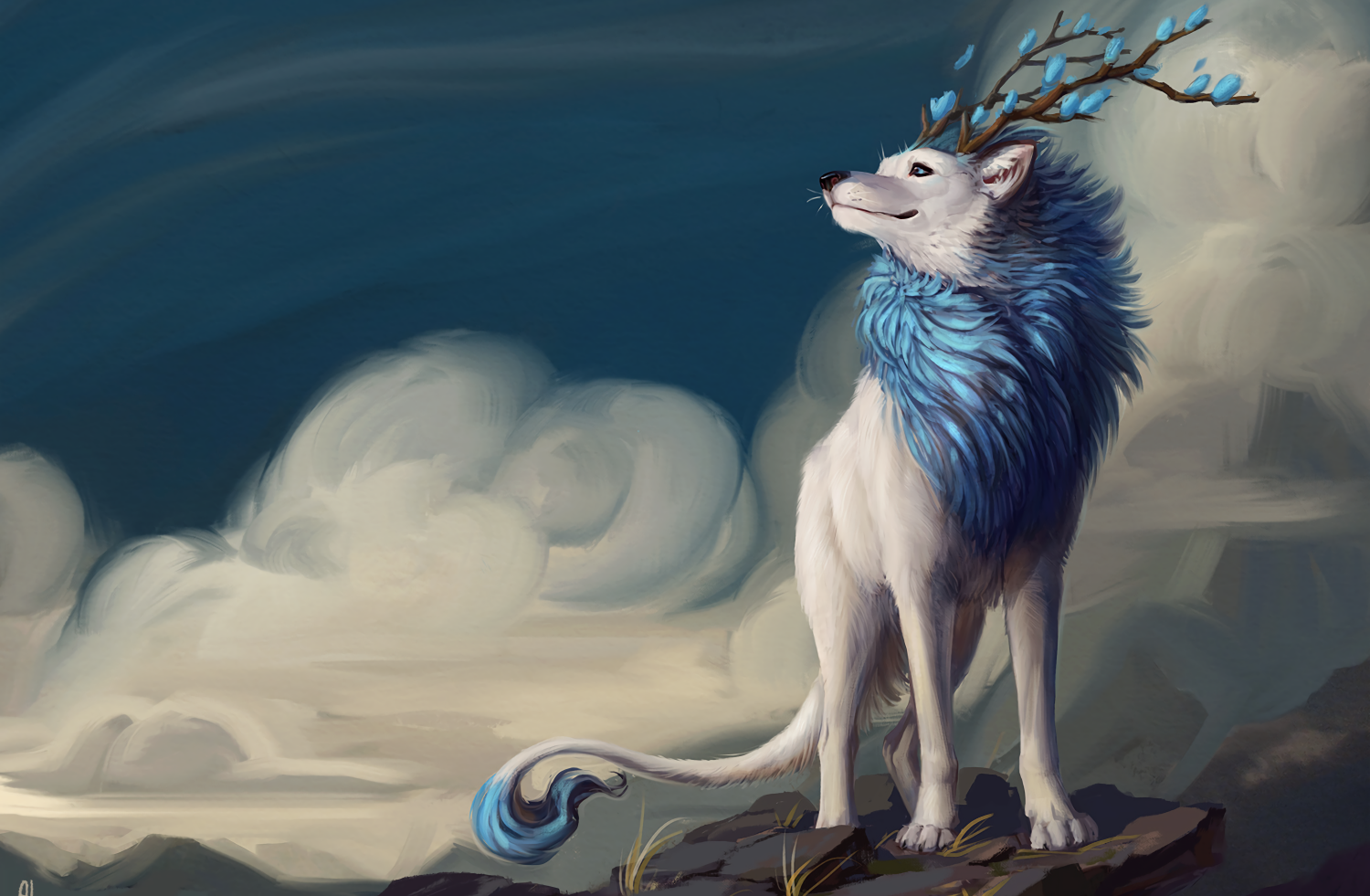 Download 1500x981 Fantasy Wolf, Smiling, Horns, Clouds, Tail, Creature Wallpaper