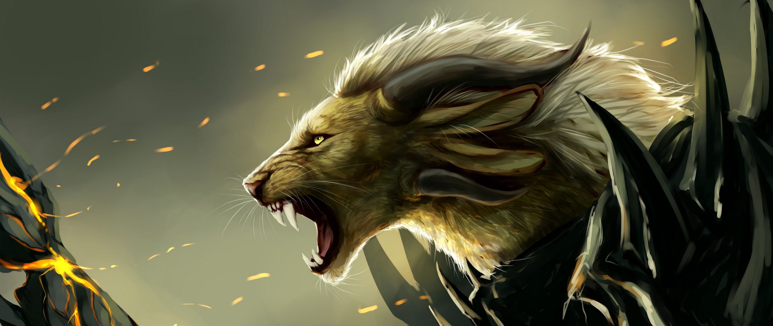 Download wallpaper 2560x1080 lion, grin, art, predator, fabulous, creature, mythical dual wide 1080p HD background